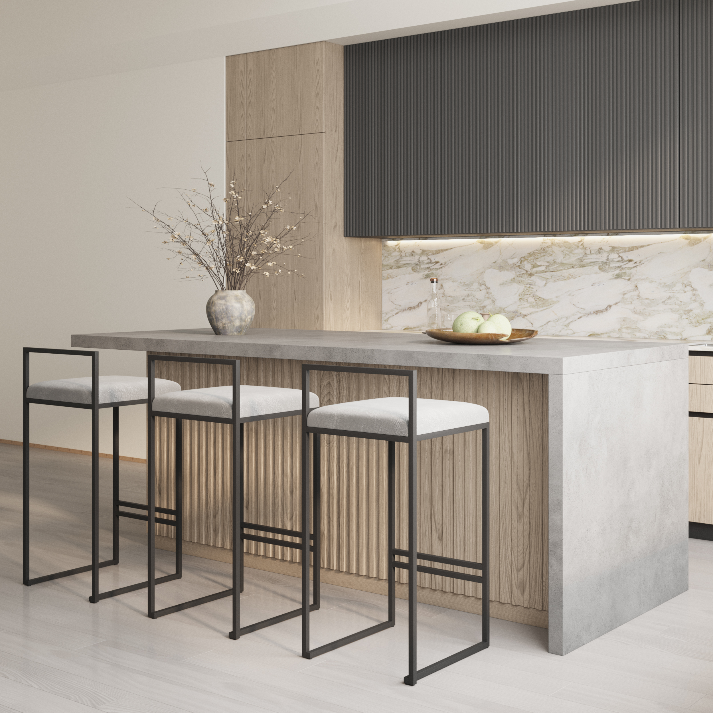 72" Kitchen Island Faux Marble Top with Storage & Electrical Japandi Style
