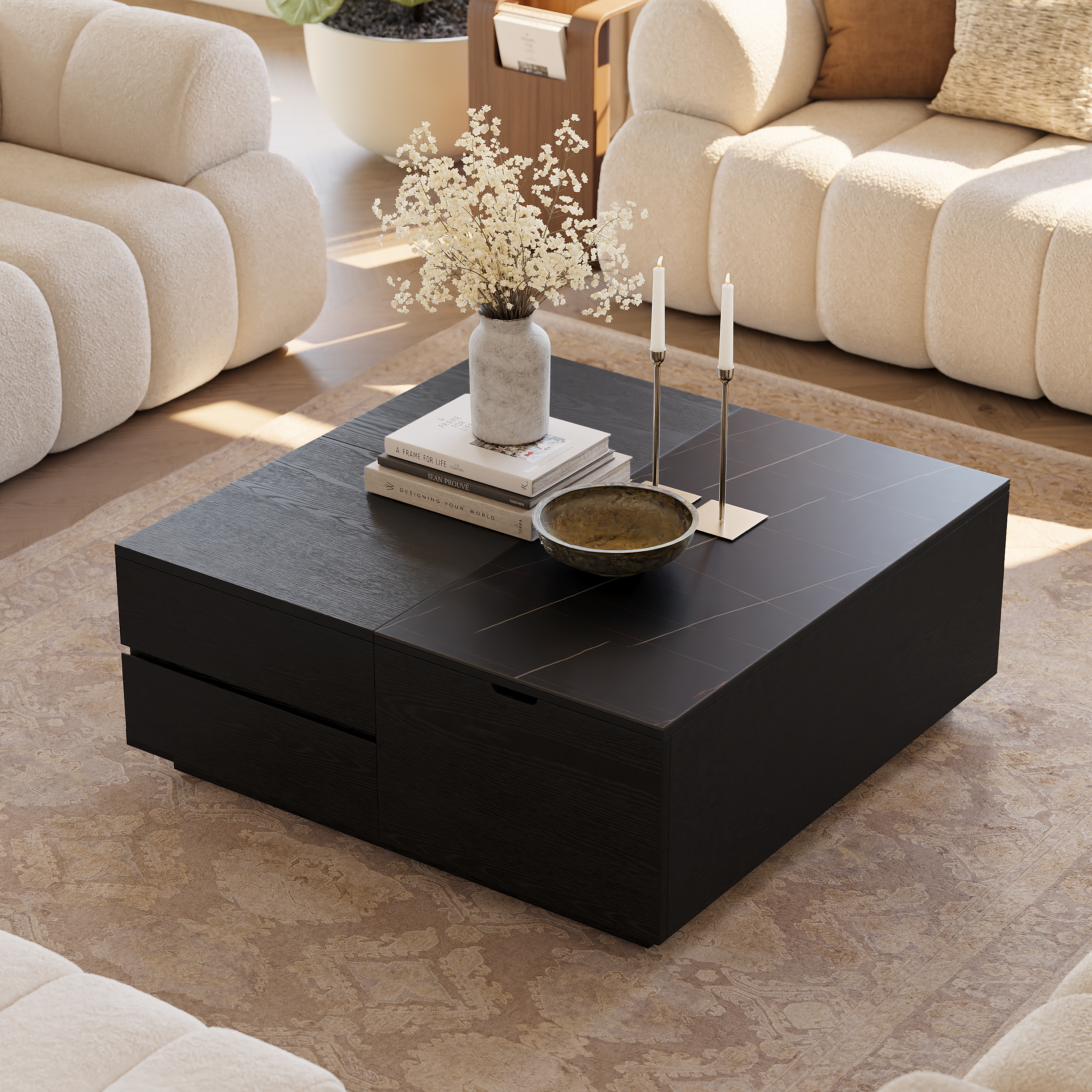 39" Square Lift-Top Solid Wood Travertine Veneer Sintered Stone Top Coffee Table