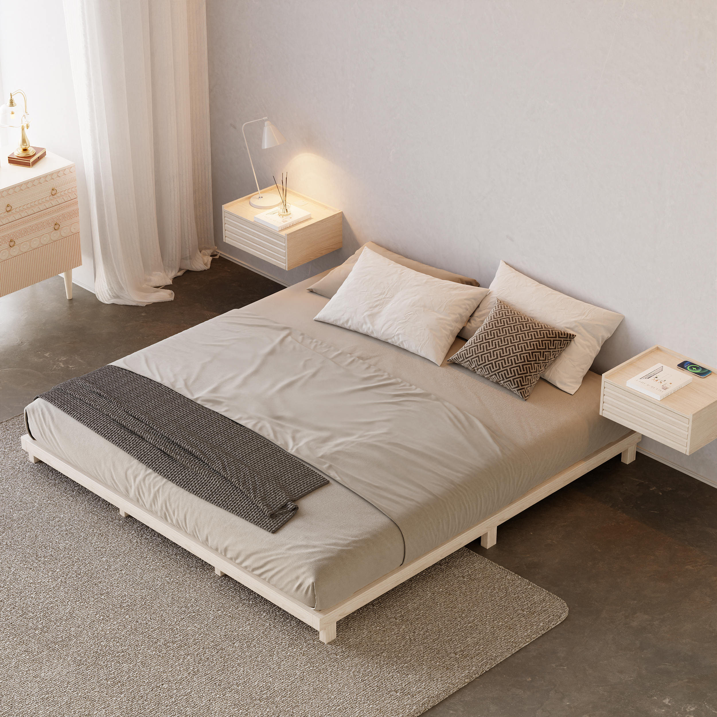 Japanese Style King Low Bed Frame Whitewash Floor Bed
