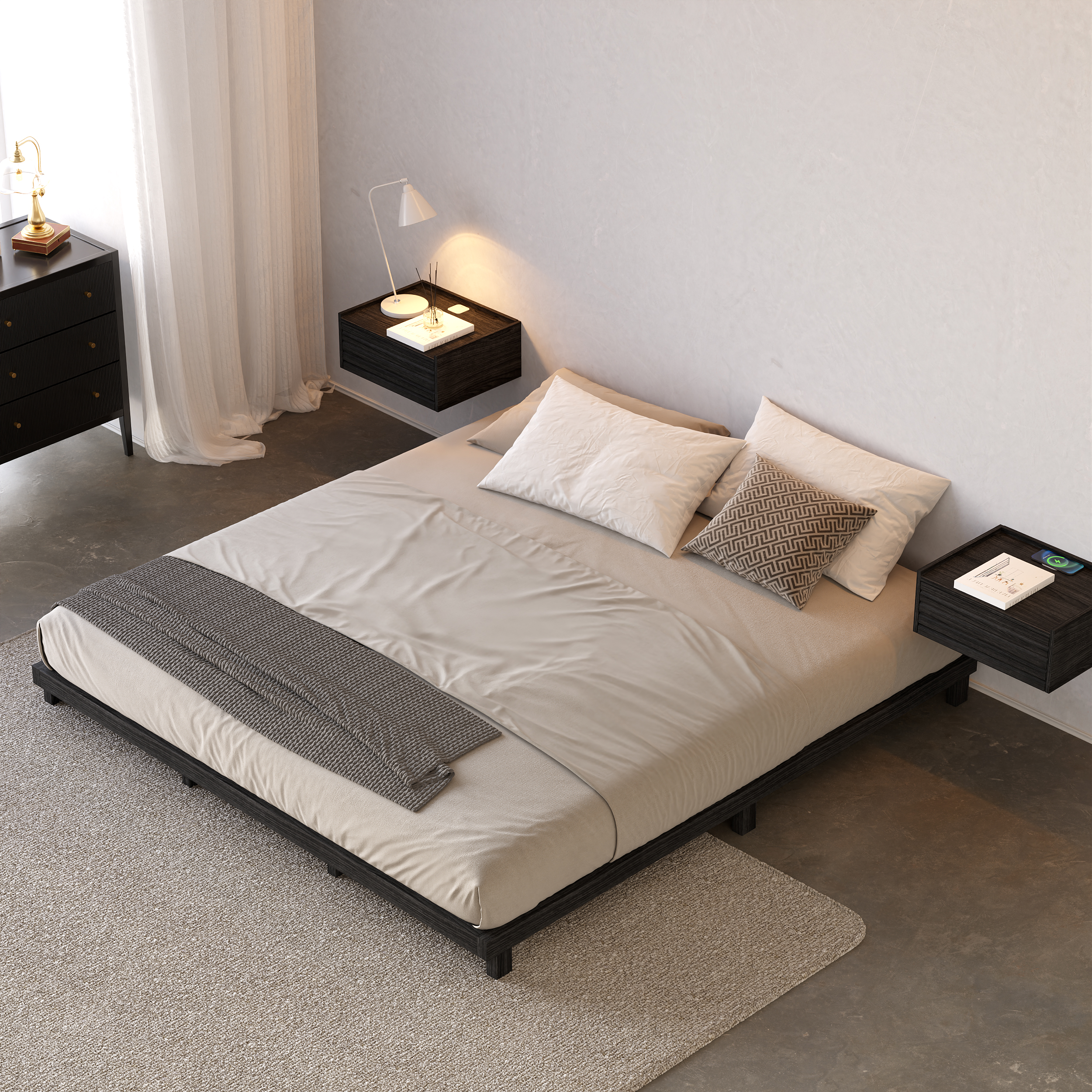 Japanese Style Queen Low Bed Frame Whitewash Floor Bed