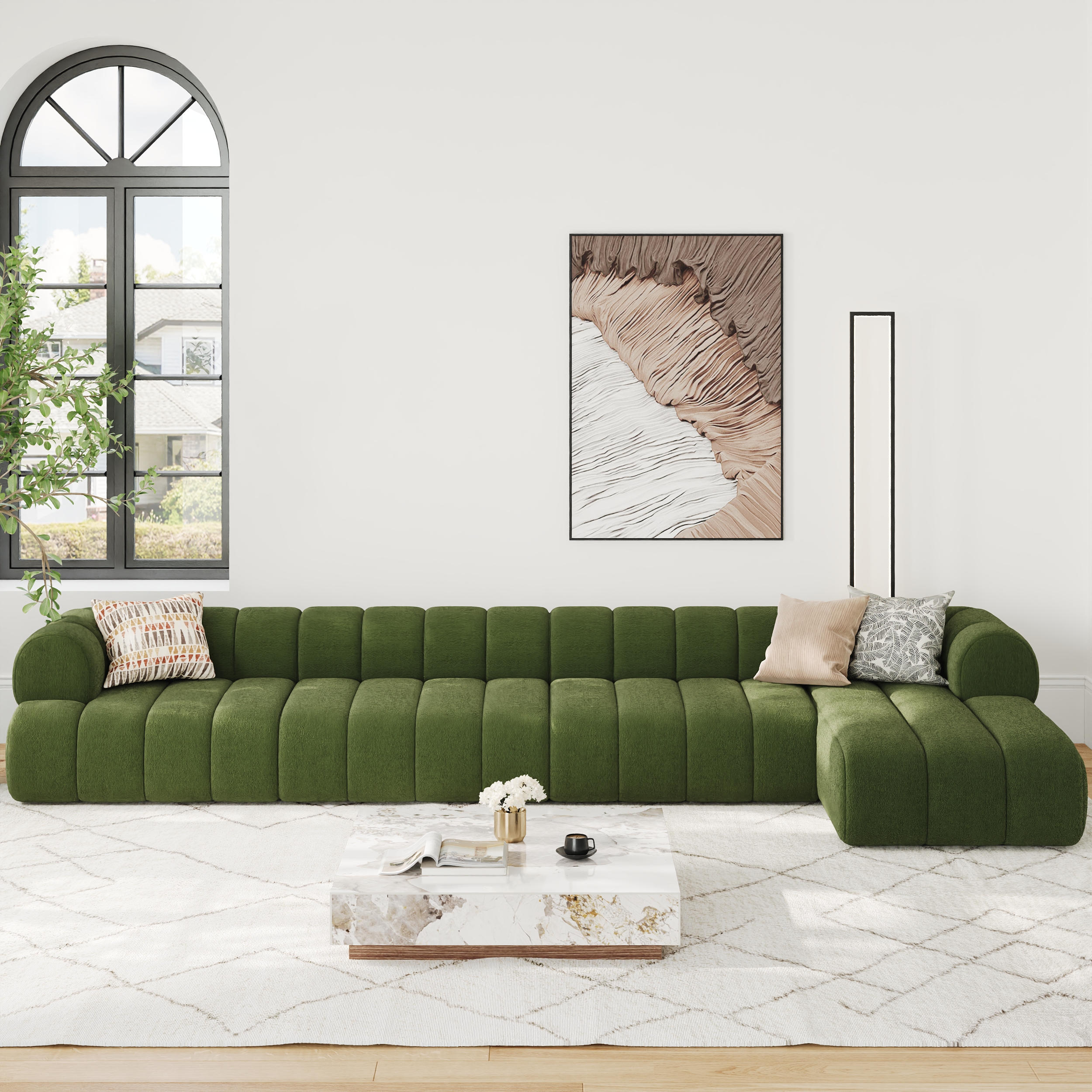 157" Channeled 4-Piece Chenille Velvet Sectional L-Shaped Sofa with Chaise