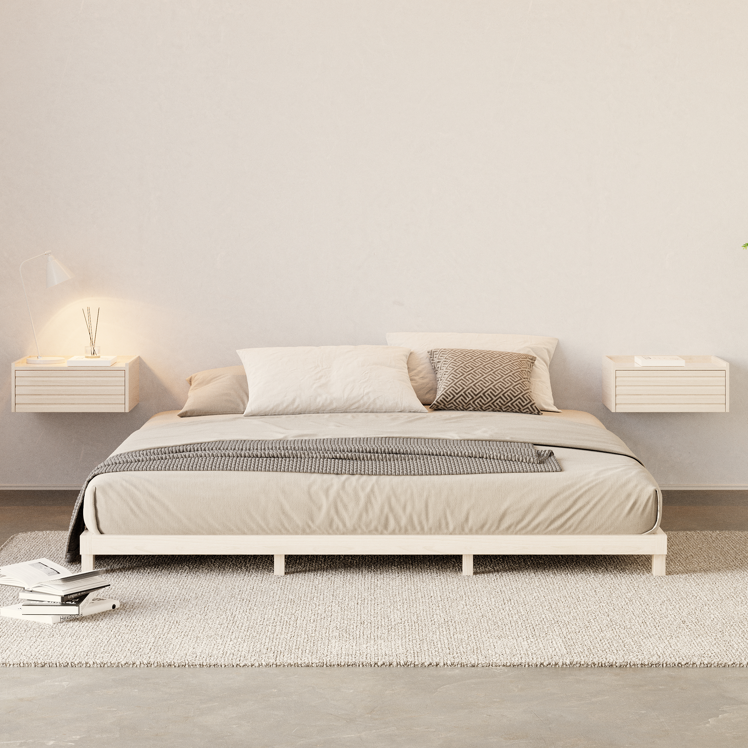 Japanese Style King Low Bed Frame Whitewash Floor Bed