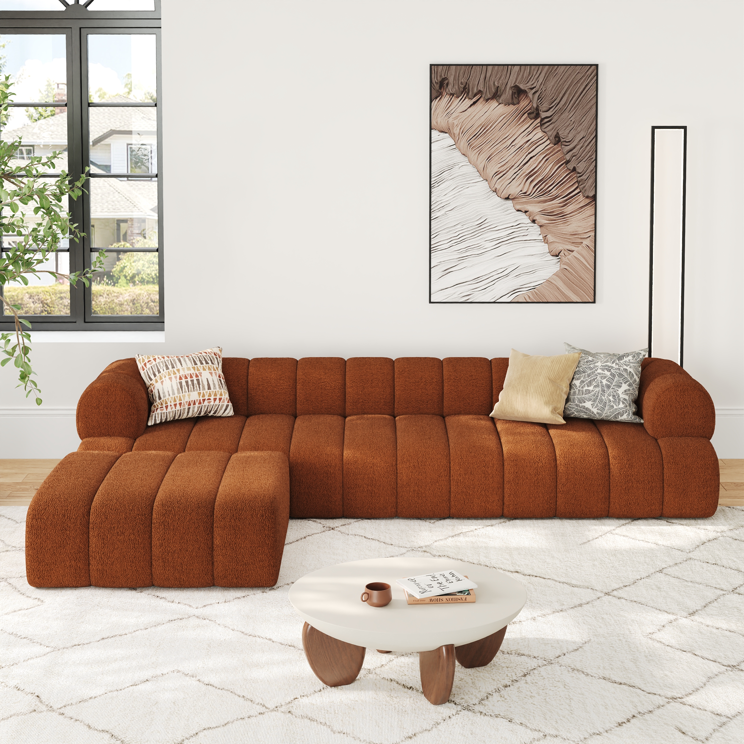 123" Channeled 4-Piece Boucle Sectional L-Shaped Sofa with Ottoman
