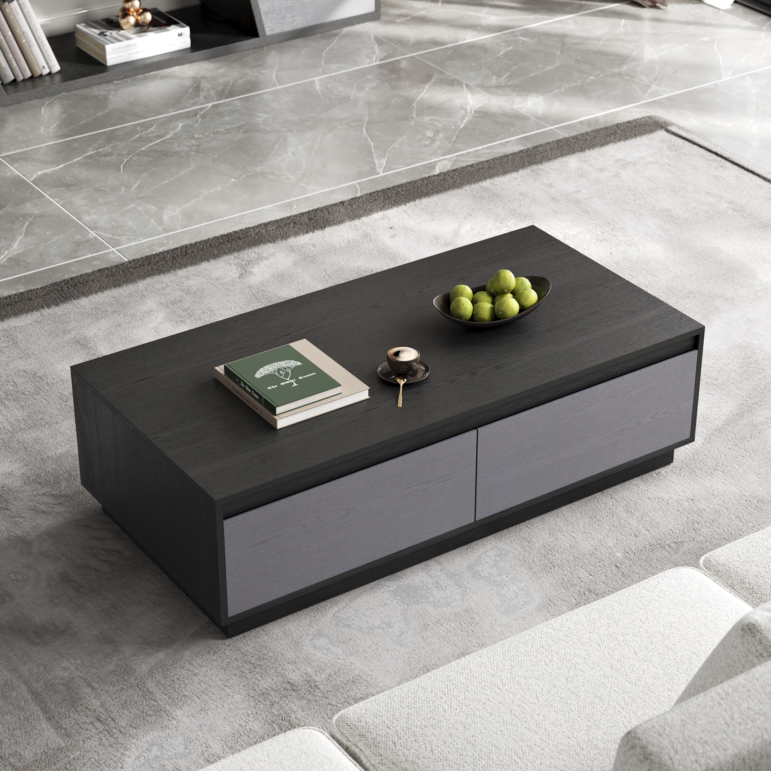 47" Mid Century Modern Gray Coffee Table Rectangular Block Living Room Table with Storage