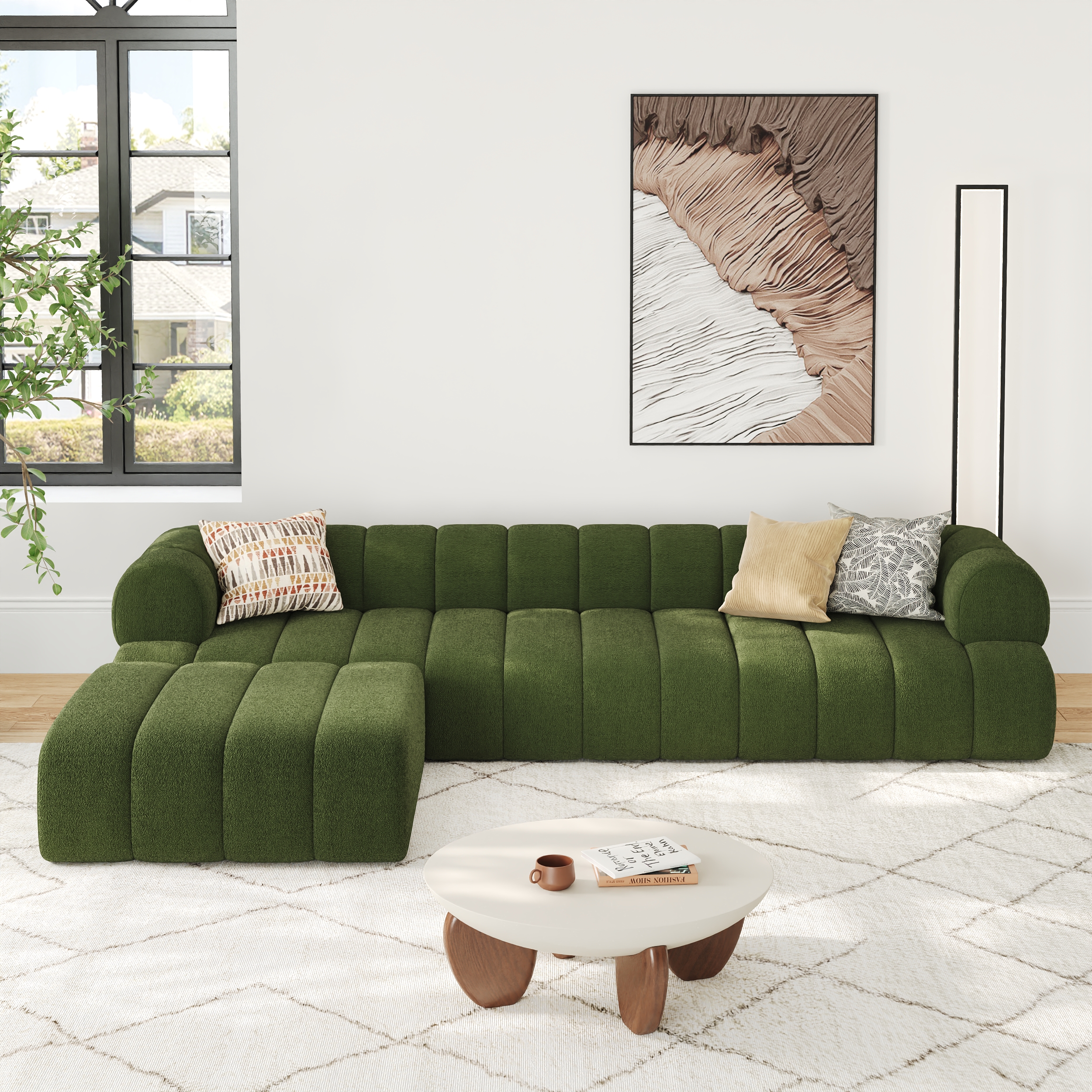 123" Channeled 4-Piece Chenille Velvet Sectional L-Shaped Sofa with Ottoman