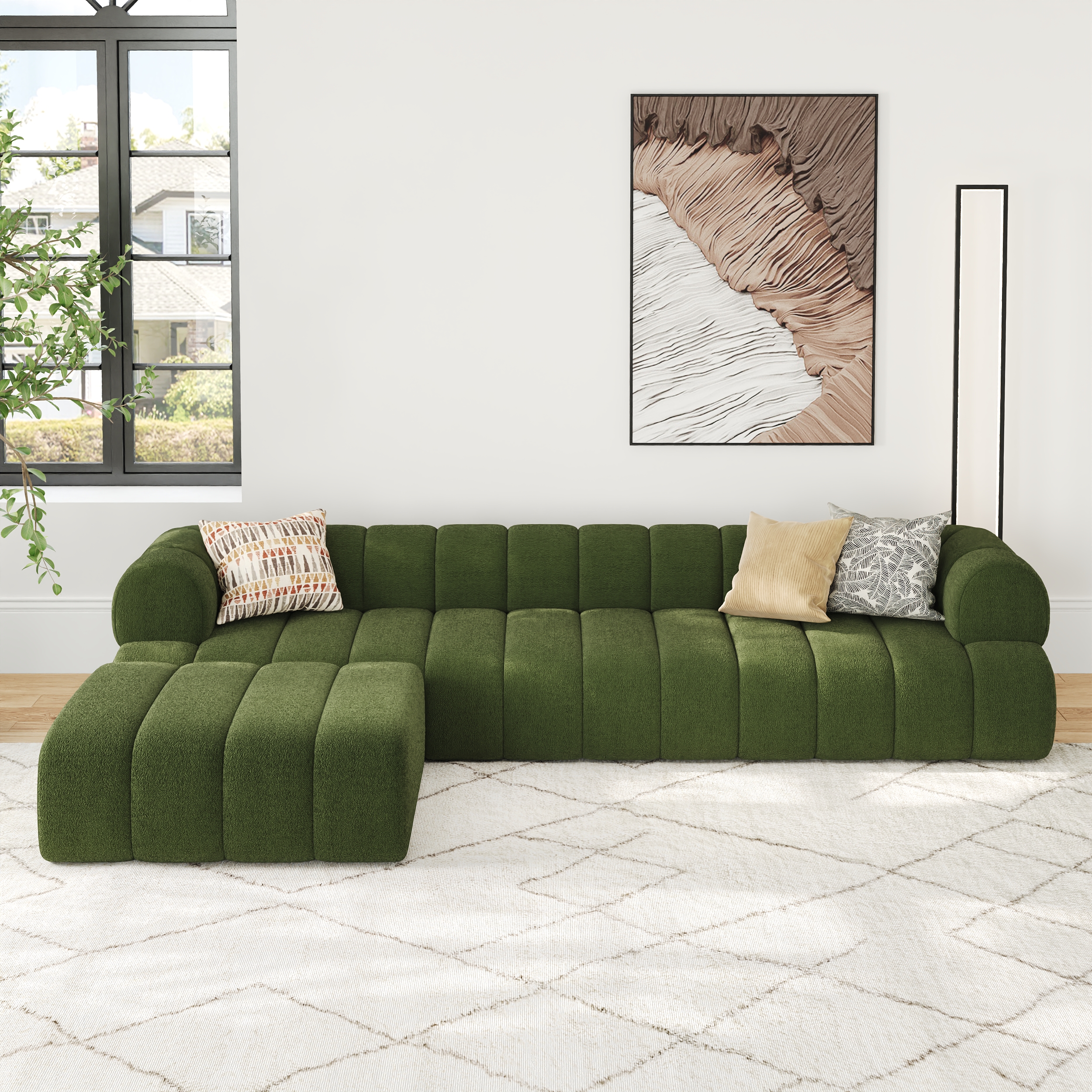 Nimbus Accent Chair 123" 4-Piece Channel Chenille Velvet Sectional Sofa with Ottoman