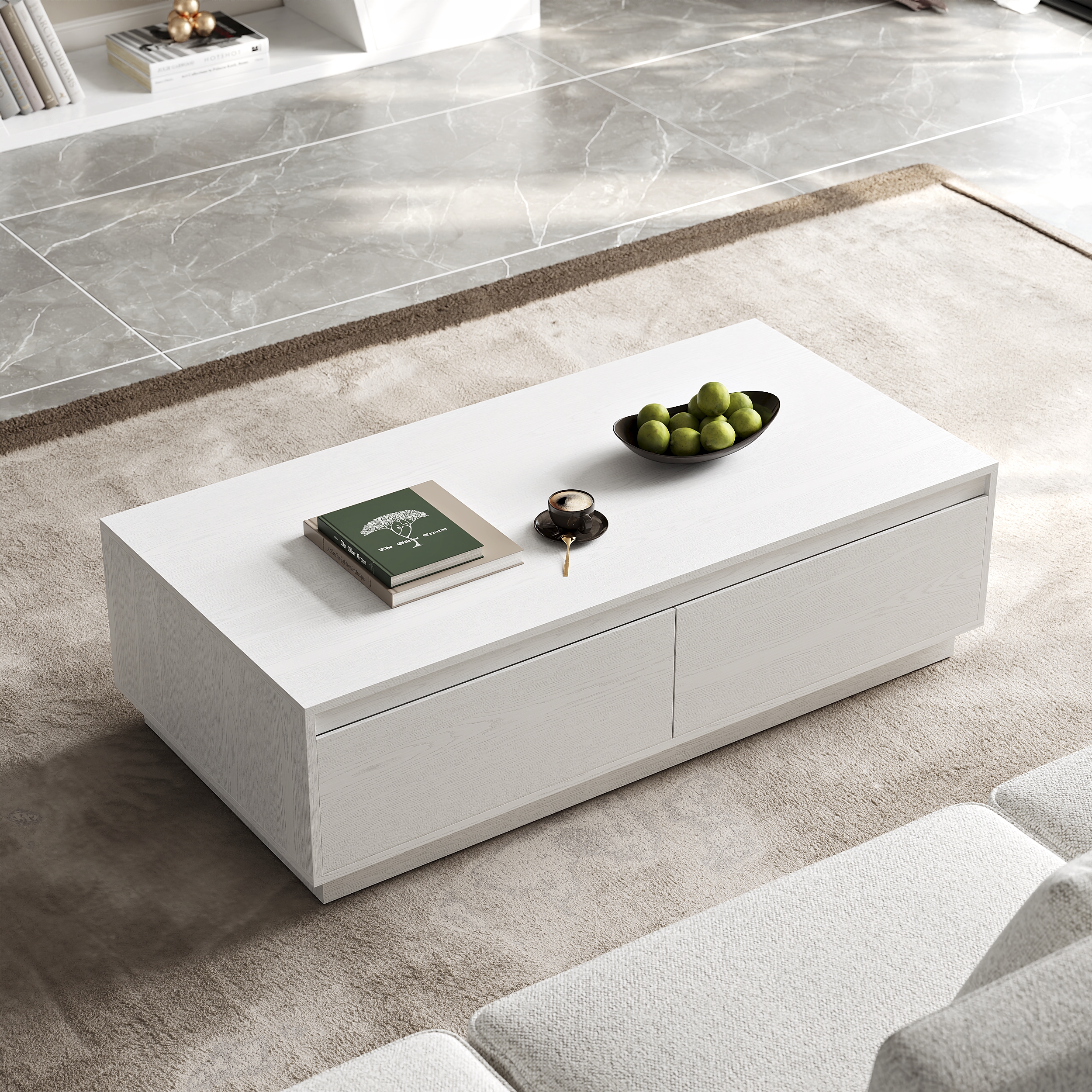 47" Mid Century Modern White Coffee Table Rectangular Block Living Room Table with Storage