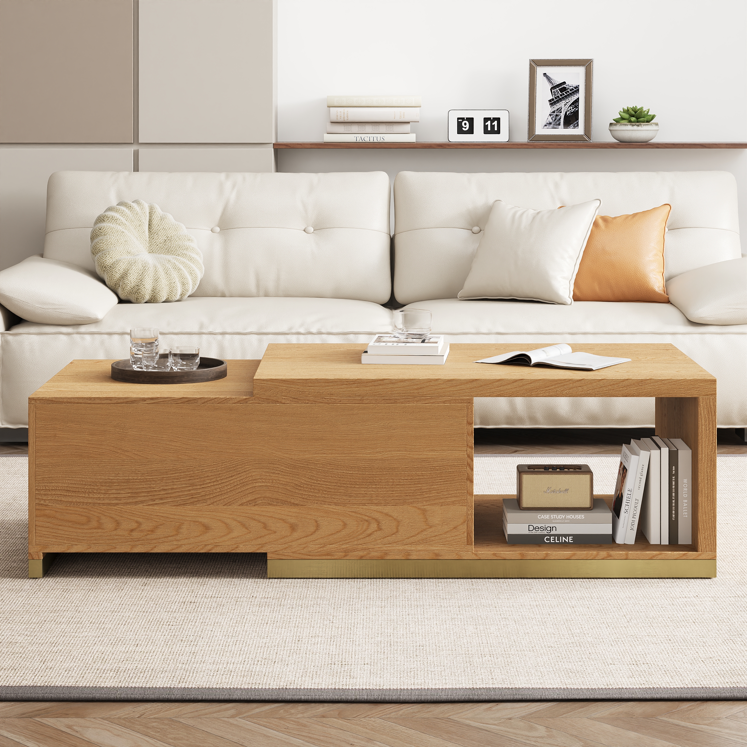 Mordelle Extendable Up to 70.8" Rectangle Natural Coffee Table with 2 Drawers