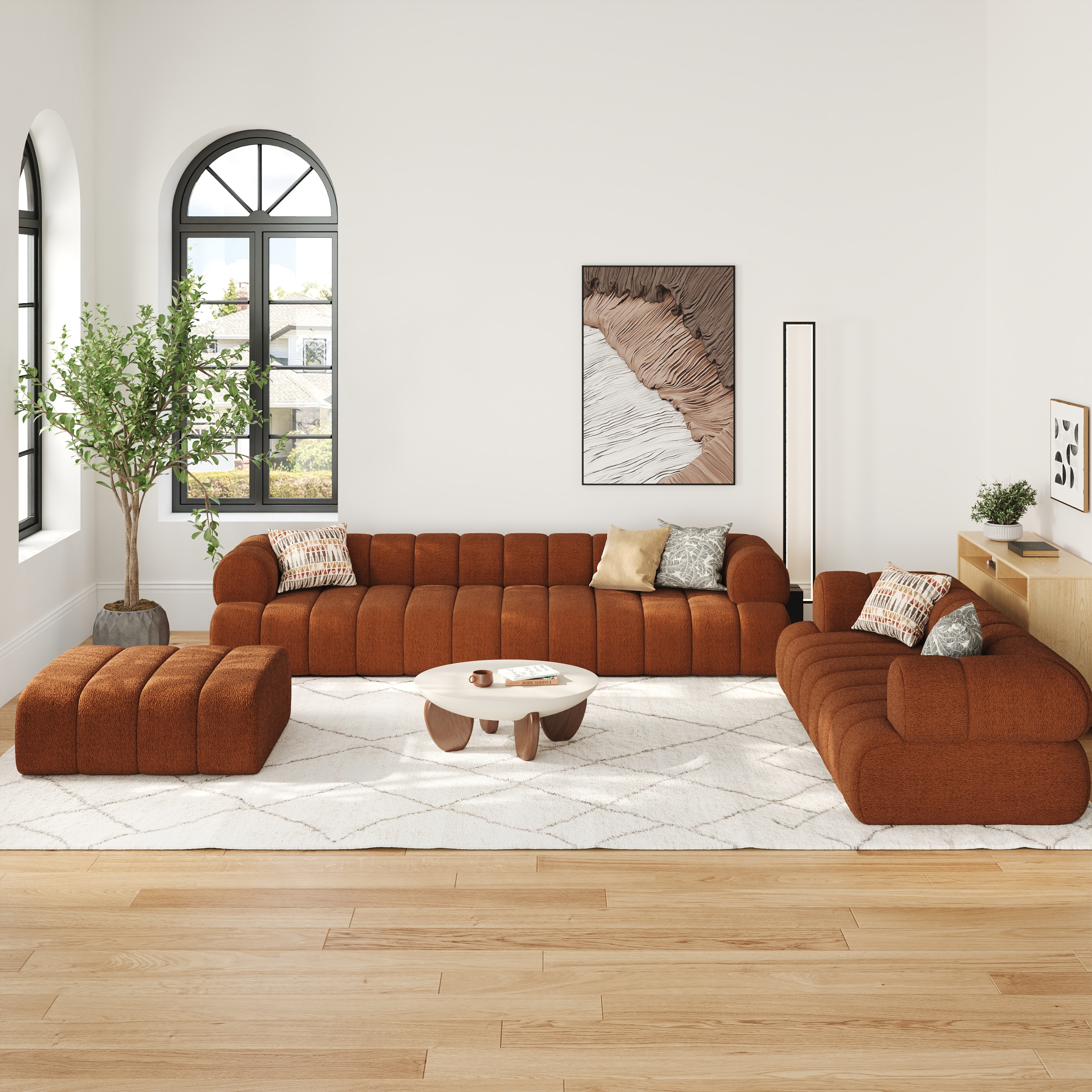 Silla decorativa tapizada Nimbus Boucle, sofá seccional con canal de 300 cm con otomana