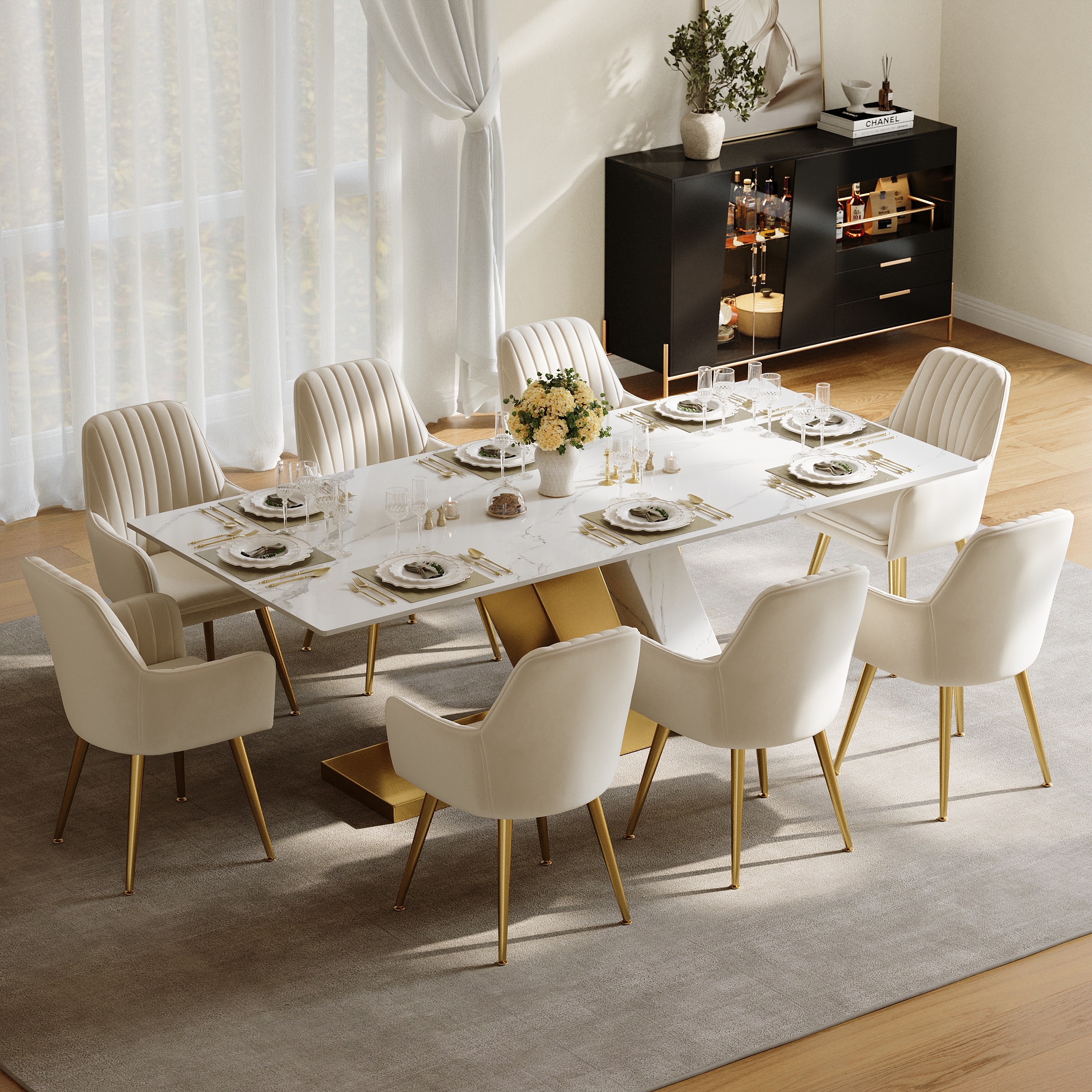 86.6" Rectangle Dining Table Faux Marble Top for 10 Stainless Steel Modern