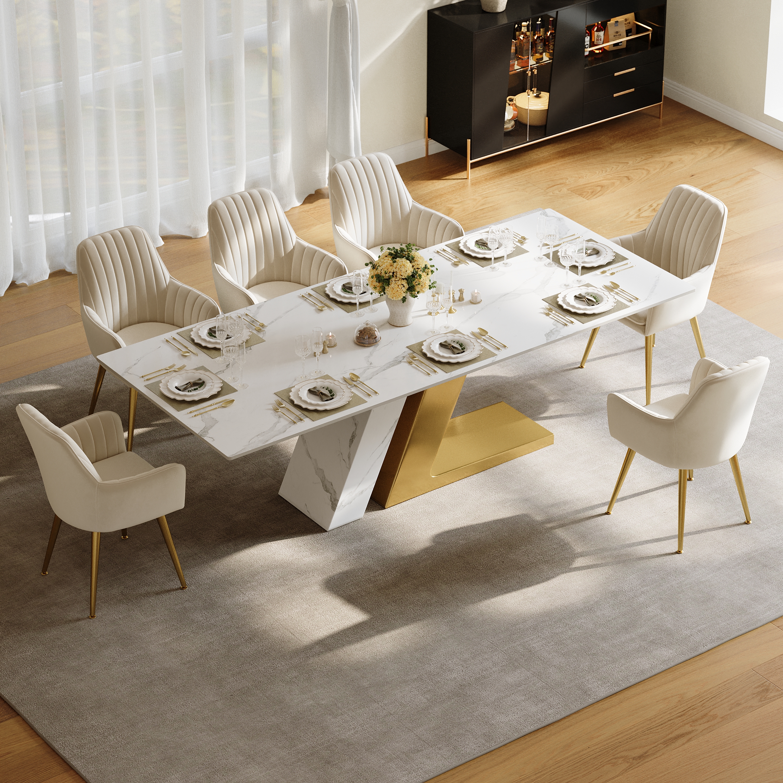 Mesa de comedor rectangular moderna de 2200 mm con capacidad superior de piedra sinterizada de 6 a 10 personas