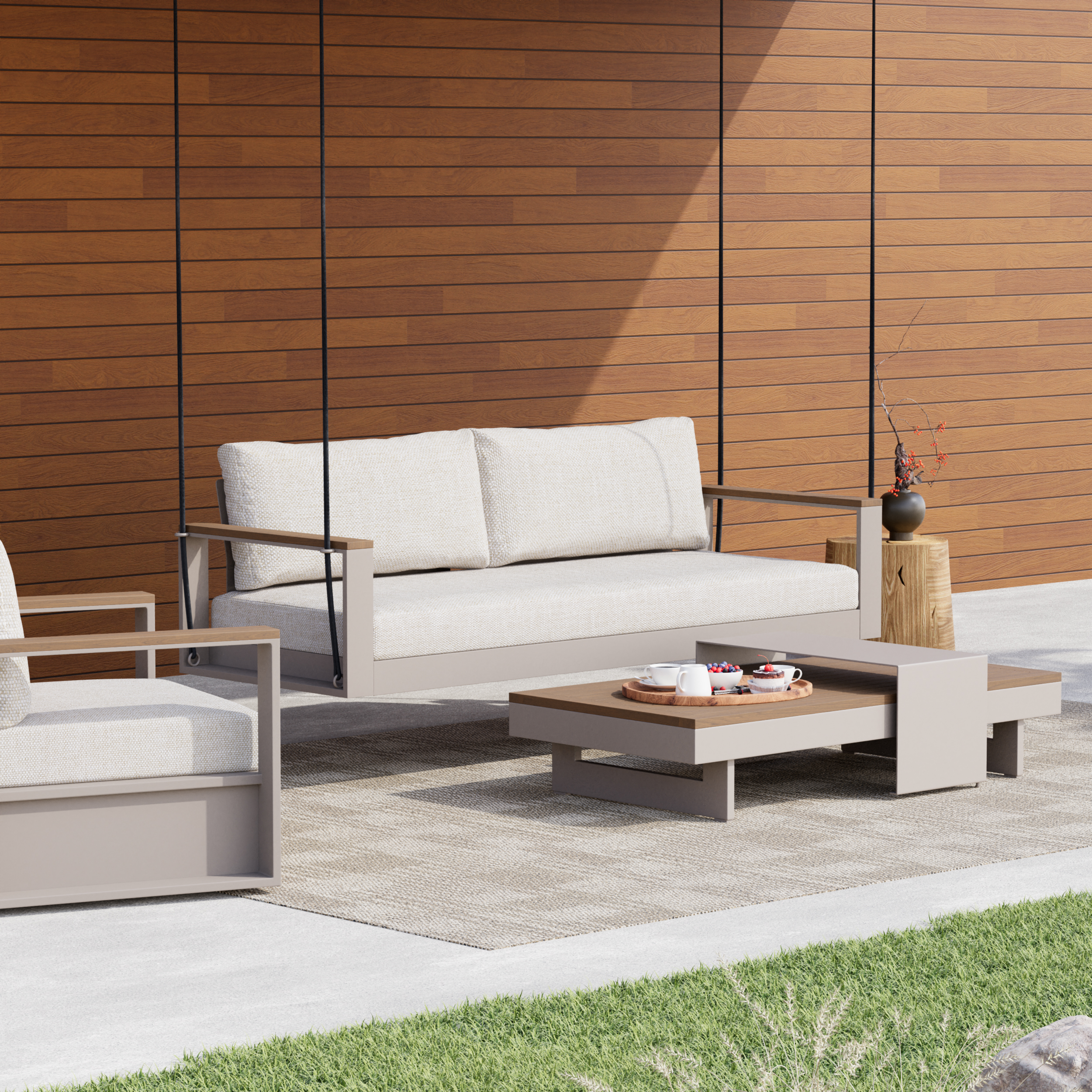 Axis 2 Seater Solid Wood Outdoor Hanging Chair Sofa Porch Swing Bench in Warm White Cushion & Pillow