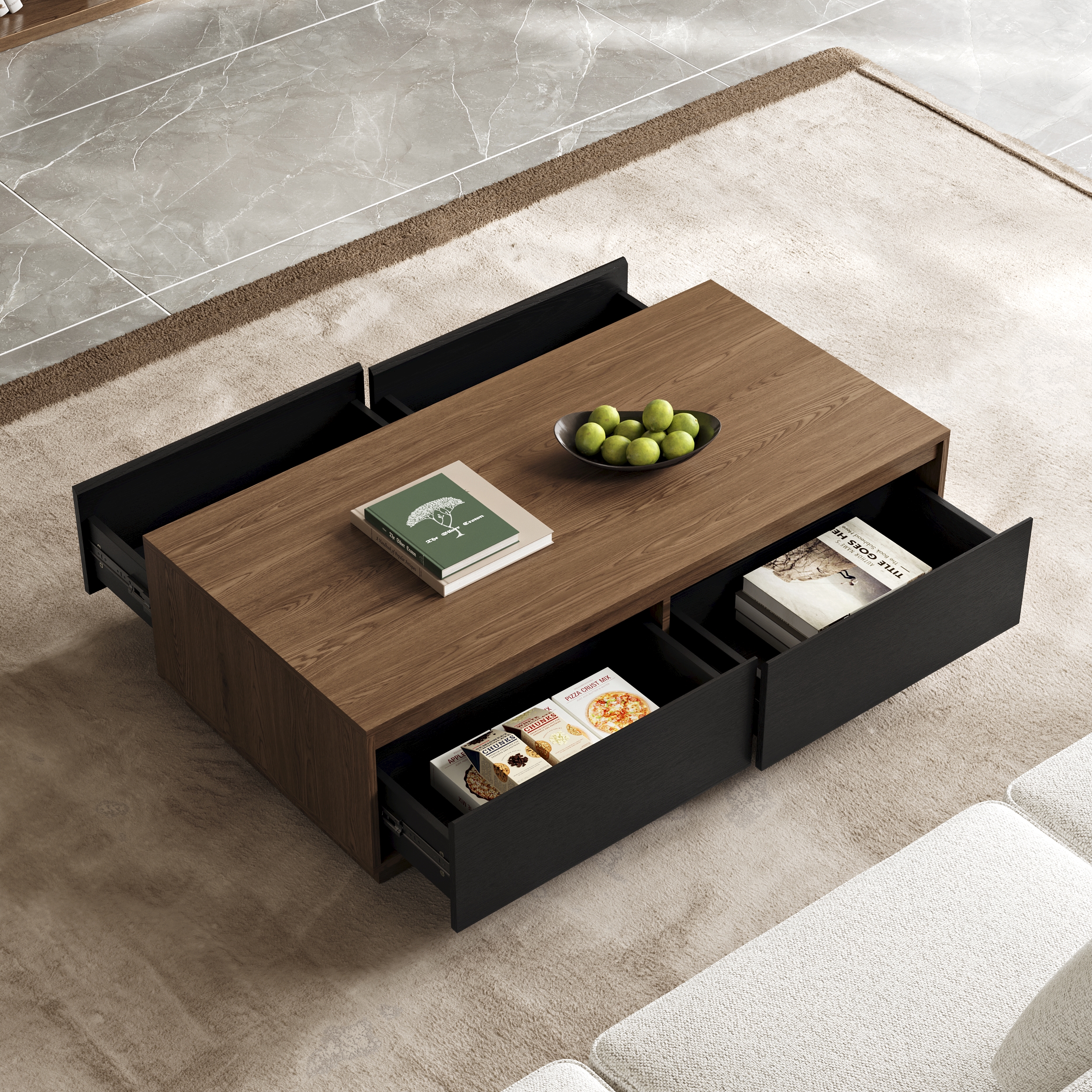 47" Mid Century Modern Black & Walnut Coffee Table Rectangular Block Living Room Table