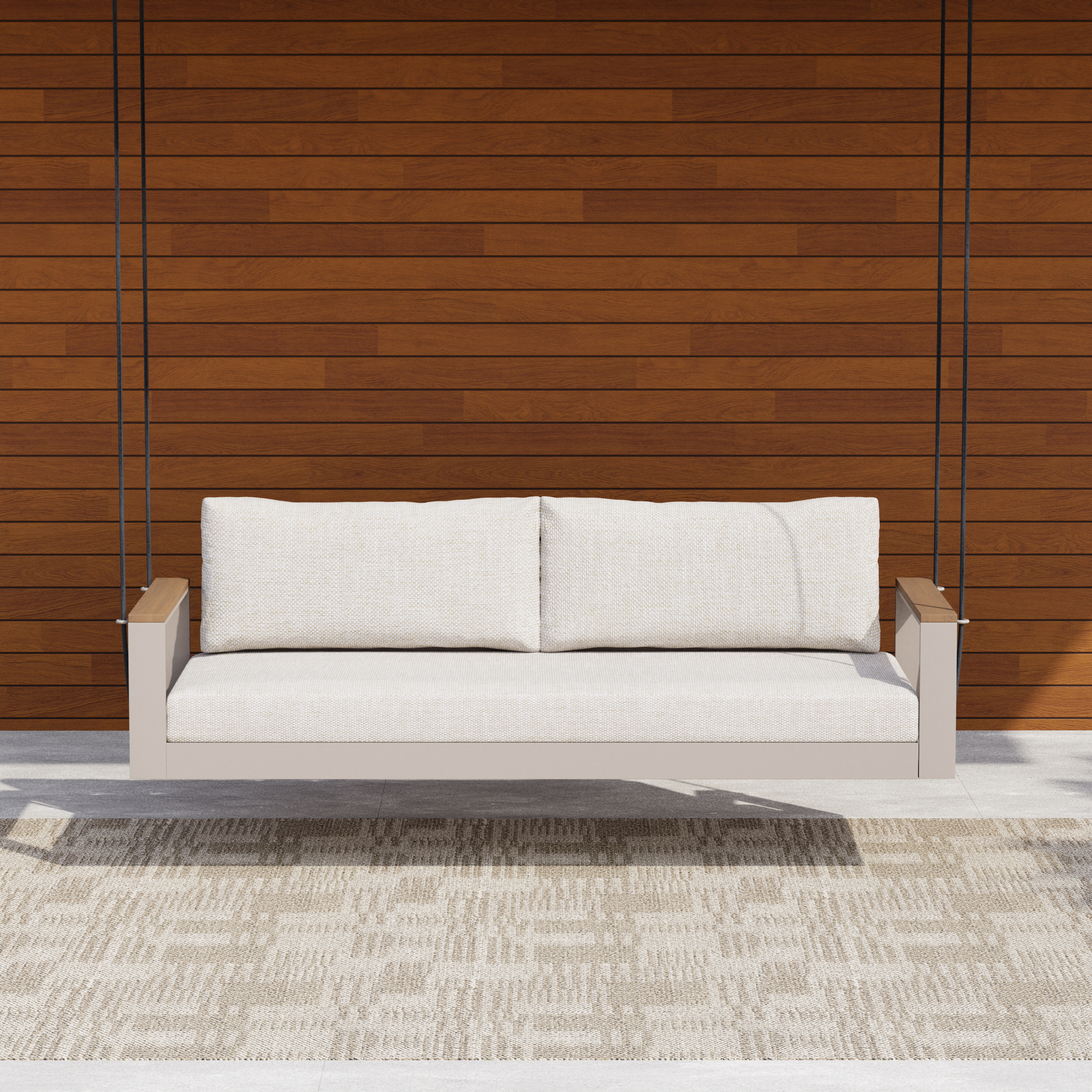 Axis 2 Seater Solid Wood Outdoor Hanging Chair Sofa Porch Swing Bench in Warm White Cushion & Pillow