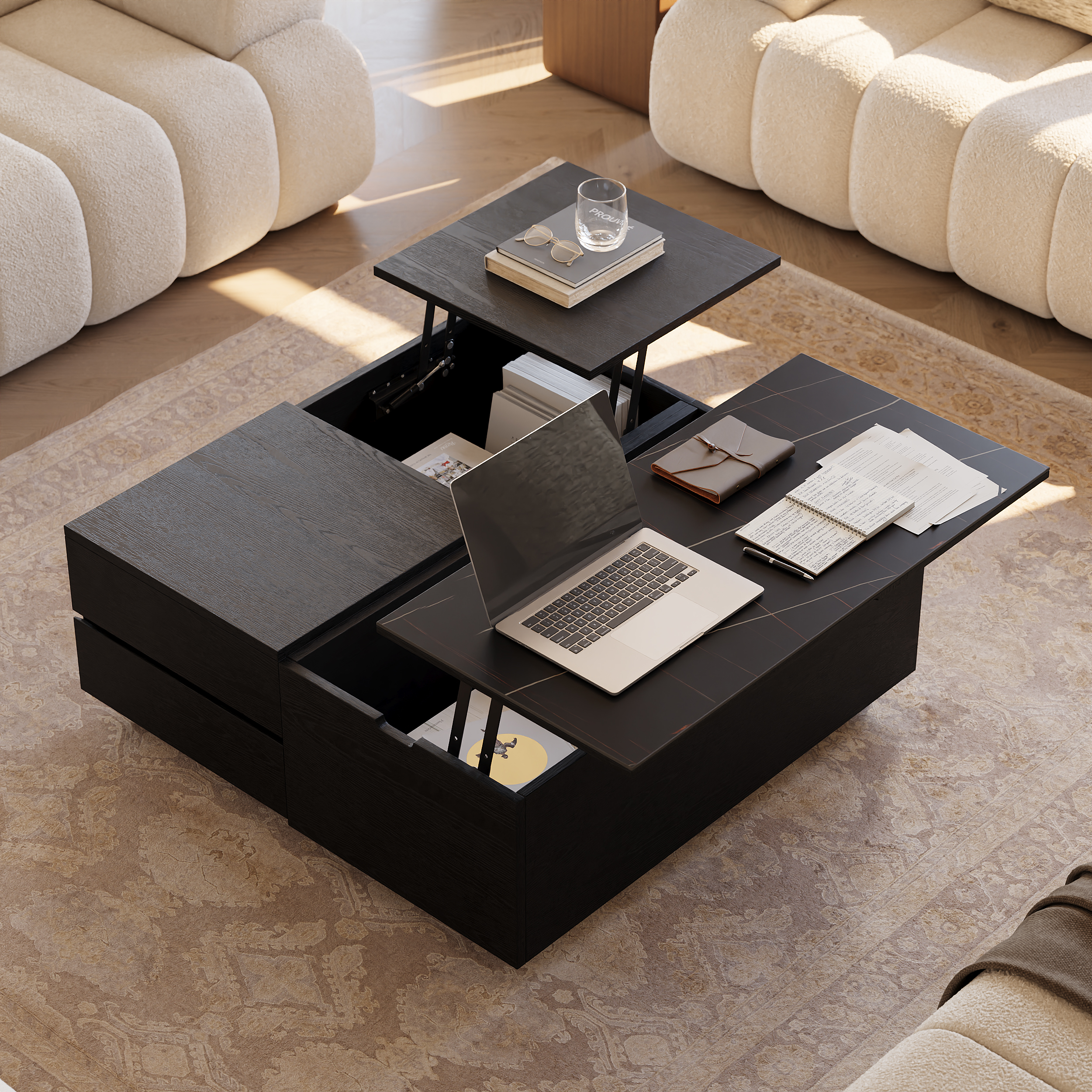 39" Square Lift-Top Solid Wood Travertine Veneer Sintered Stone Top Coffee Table