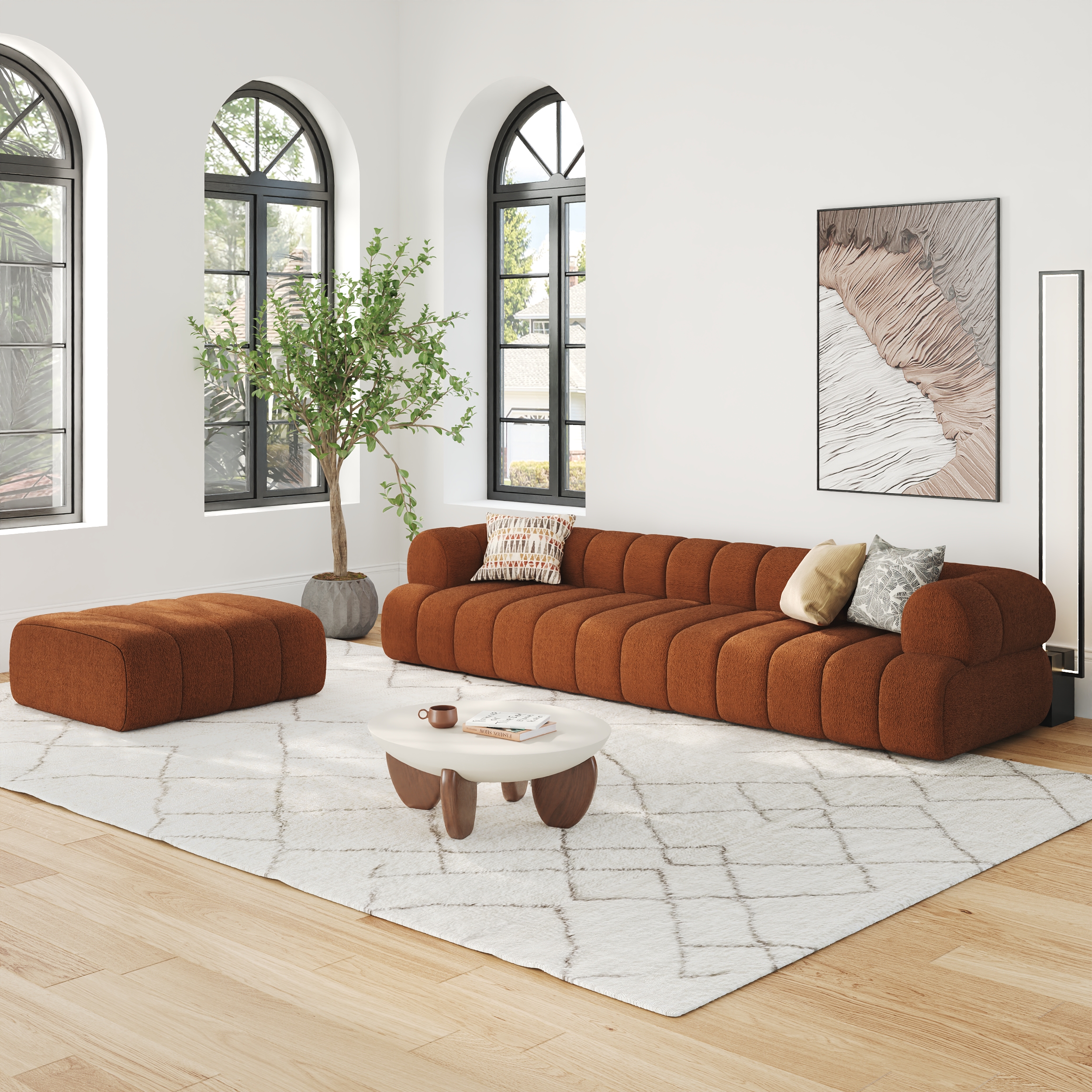 123" Channeled 4-Piece Boucle Sectional L-Shaped Sofa with Ottoman