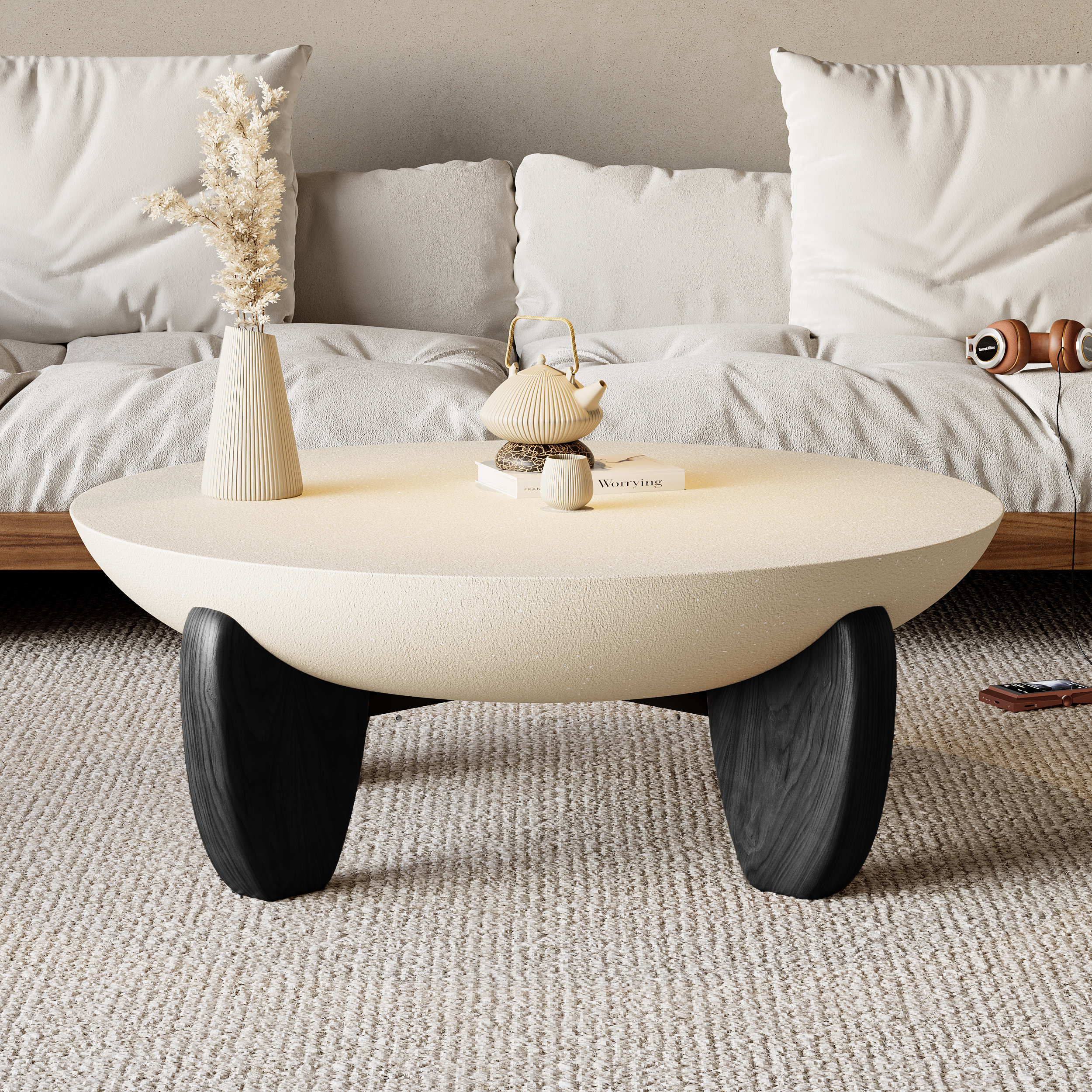 Curva Round Small Modern Beige & Black Coffee Table Concrete & Wood Accent Table