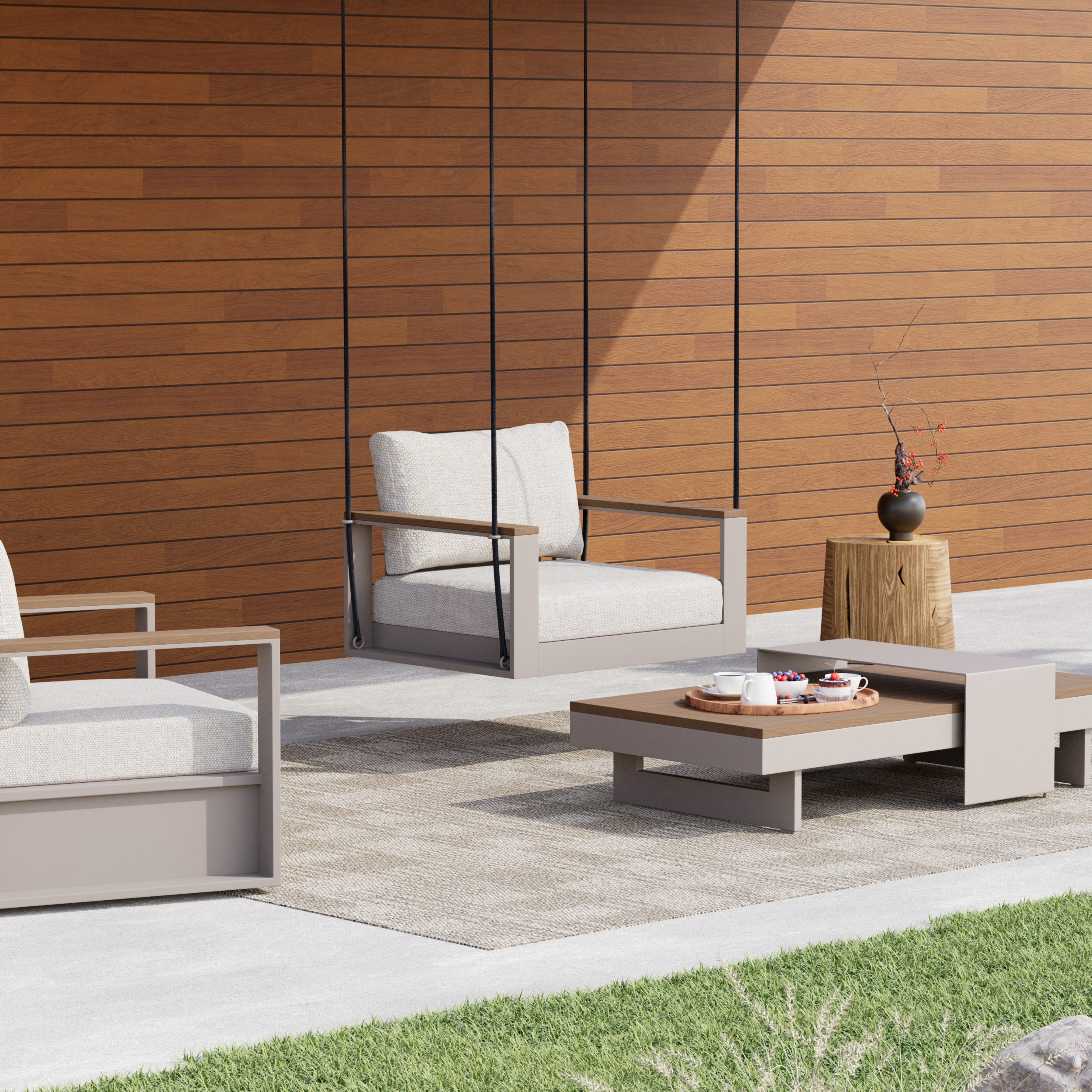 Axis Solid Wood Outdoor Hanging Chair Sofa Porch Swing Bench in Warm White Cushion & Pillow
