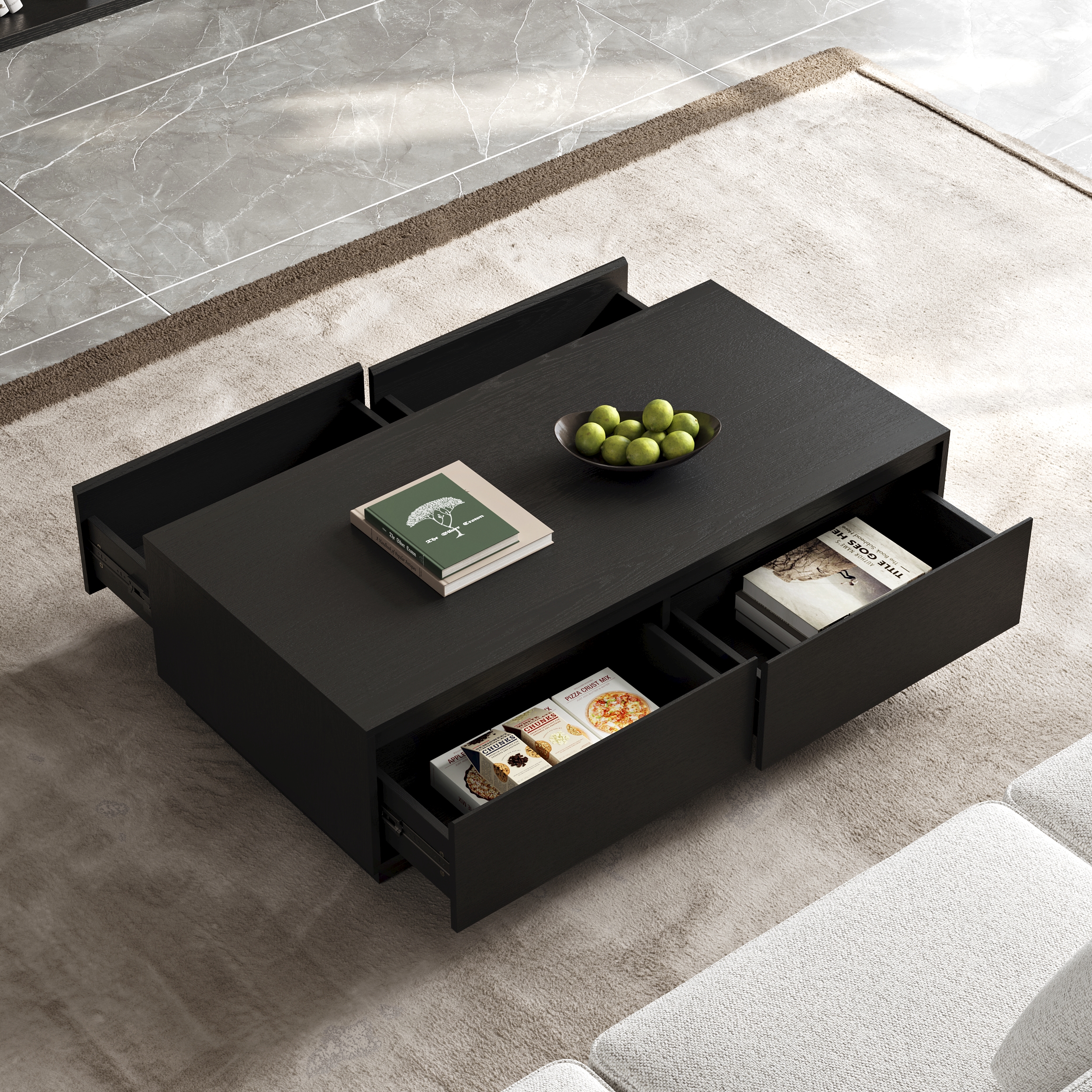 47" Mid Century Modern Black Coffee Table Rectangular Block Living Room Table with Storage