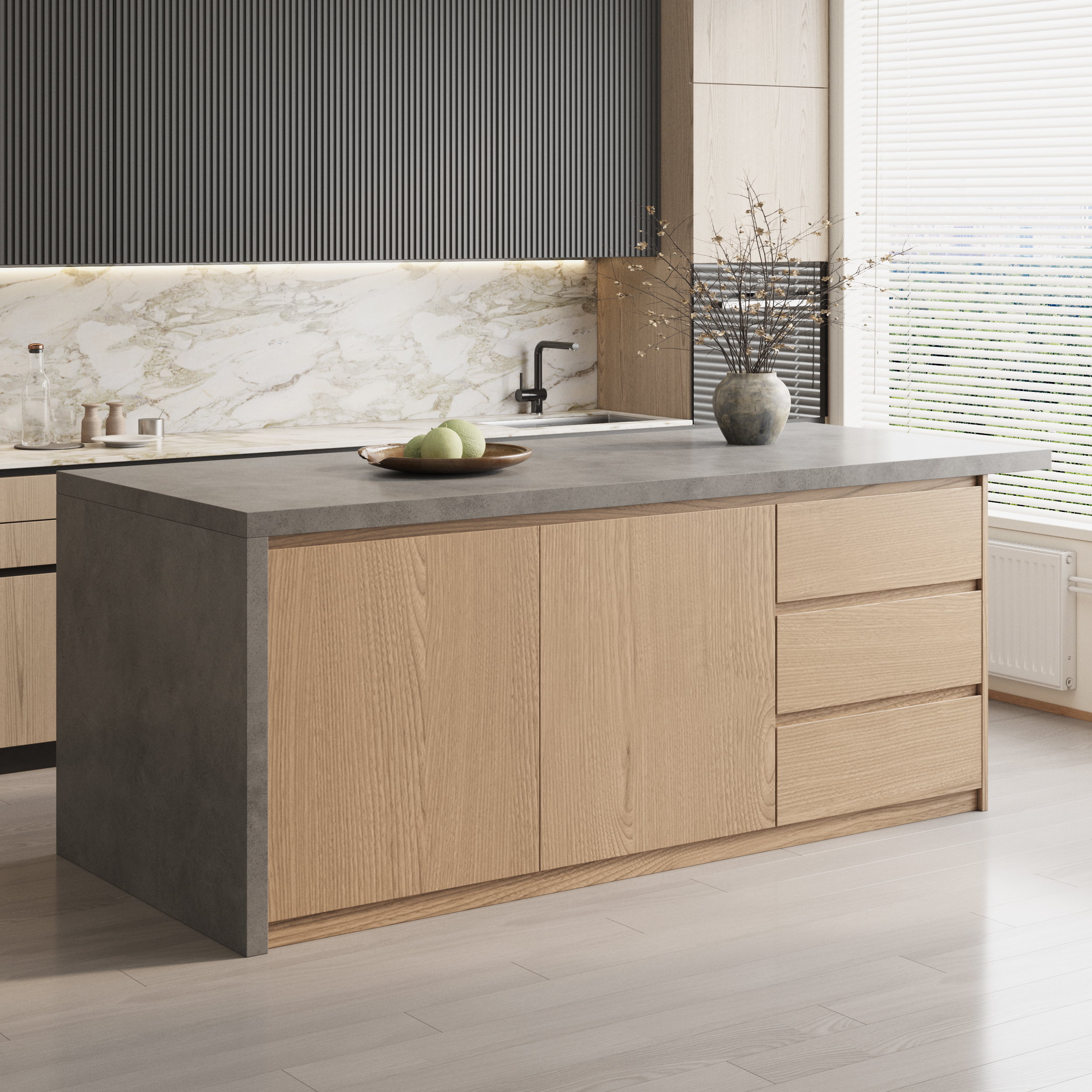 72" Kitchen Island Faux Marble Top with Storage & Electrical Japandi Style