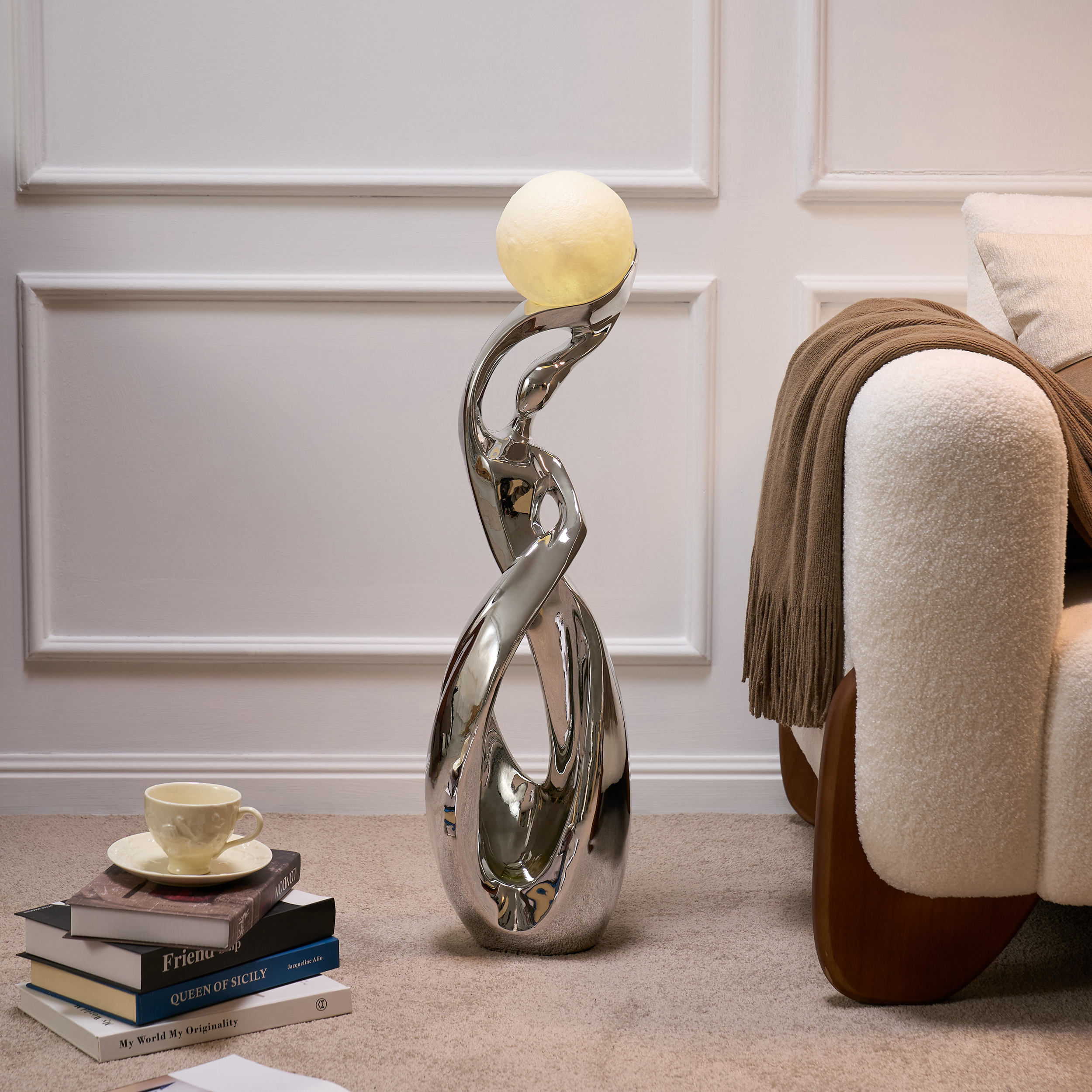 Silver Sculpture with Illuminated Sphere Modern Art Decor for Living Room