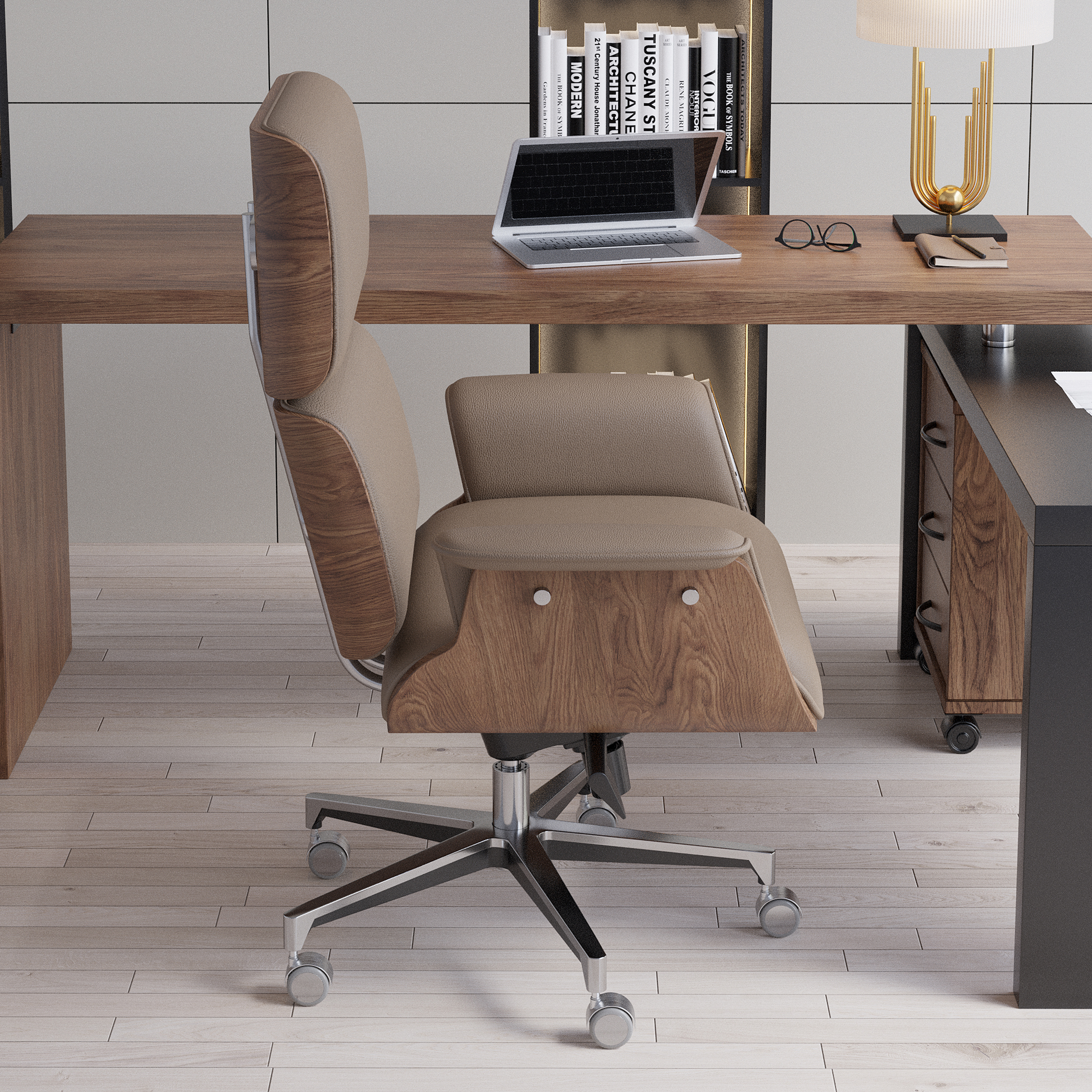 Modern Khaki Home Office Chair Upholstered Swivel Wooden Desk Chair Task Adjustable Height