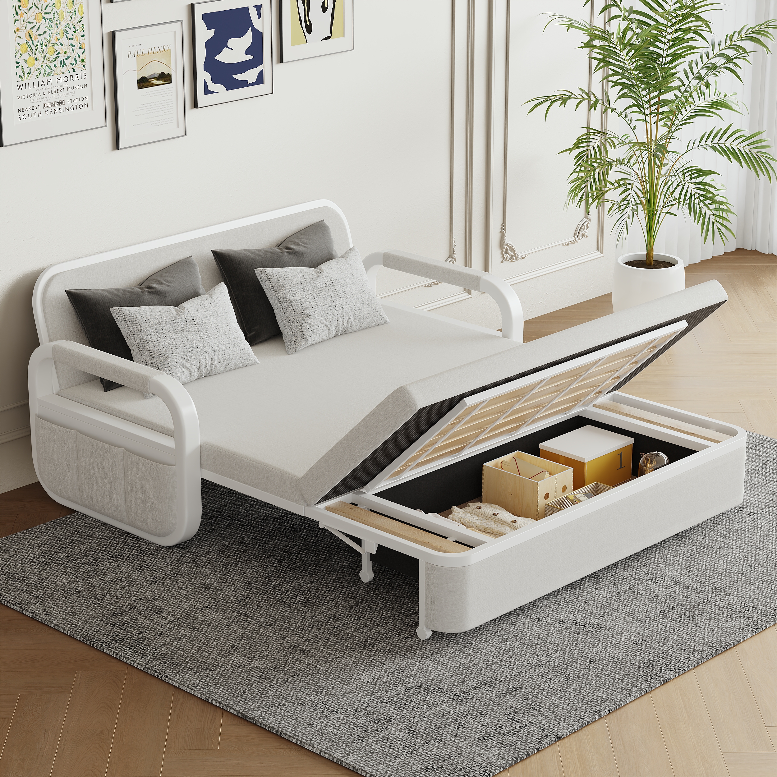 Up to 74.8" Cotton and Linen Sofa Bed Light Gray Sleeper Sofa Loveseat with Solid Wood