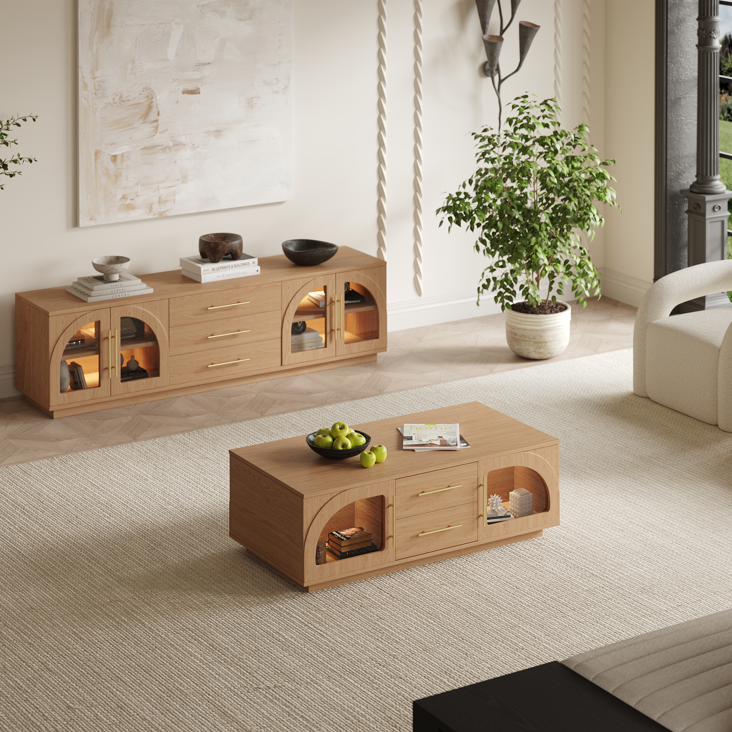 Arune 72" Mid Century Modern Natural TV Stand Coffee Table Set with LED Lights and Arched Glass
