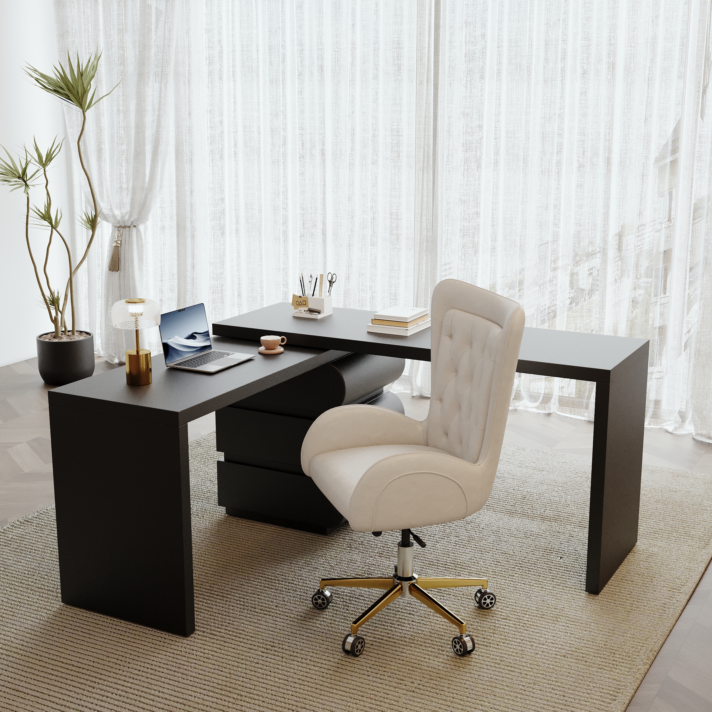 Humply Modern Minimalist Style L Shaped Desk Solid 60 Inch Executive Office Desk