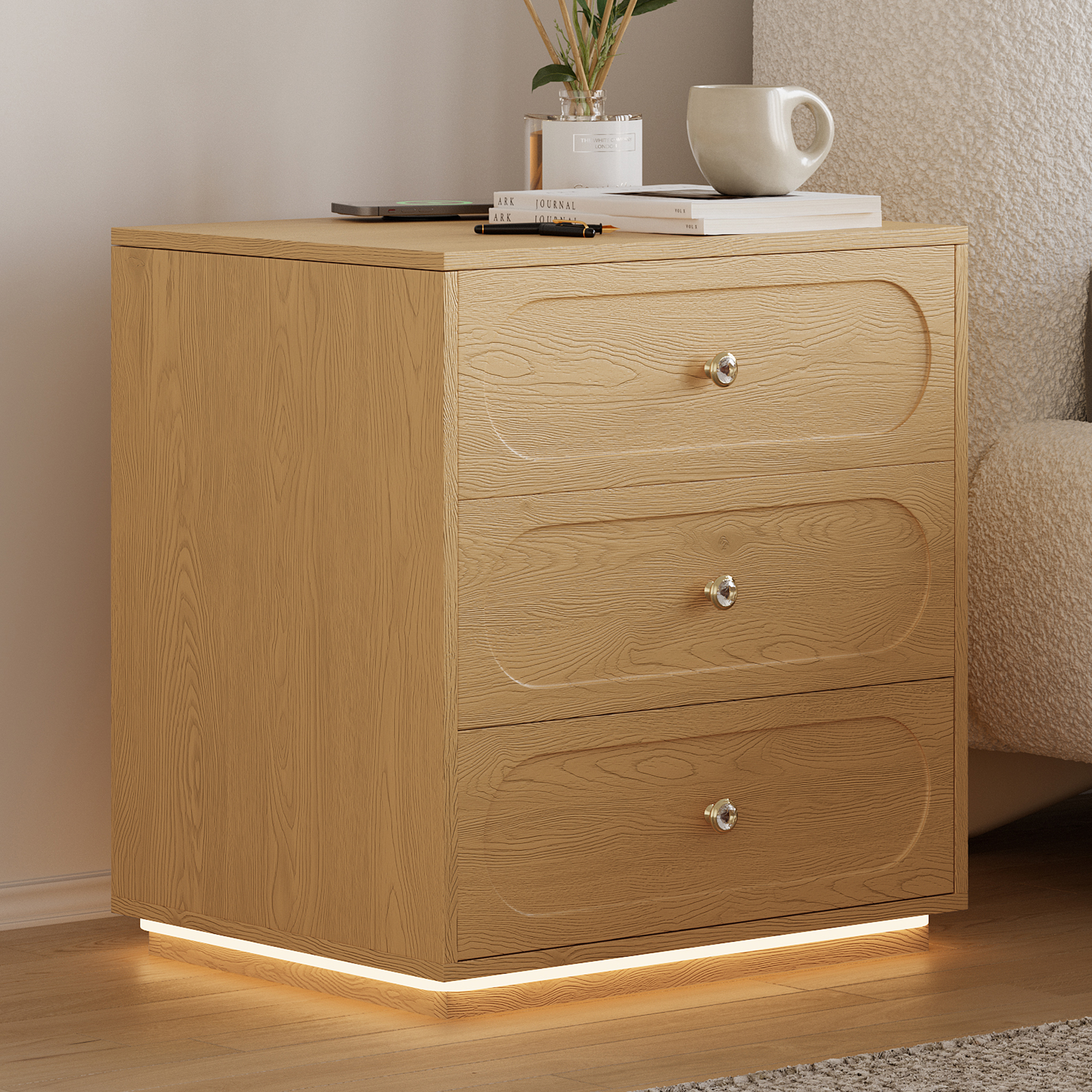 Modern Smart Nightstand with Light 2 Drawer Bedside Table with Charging Station
