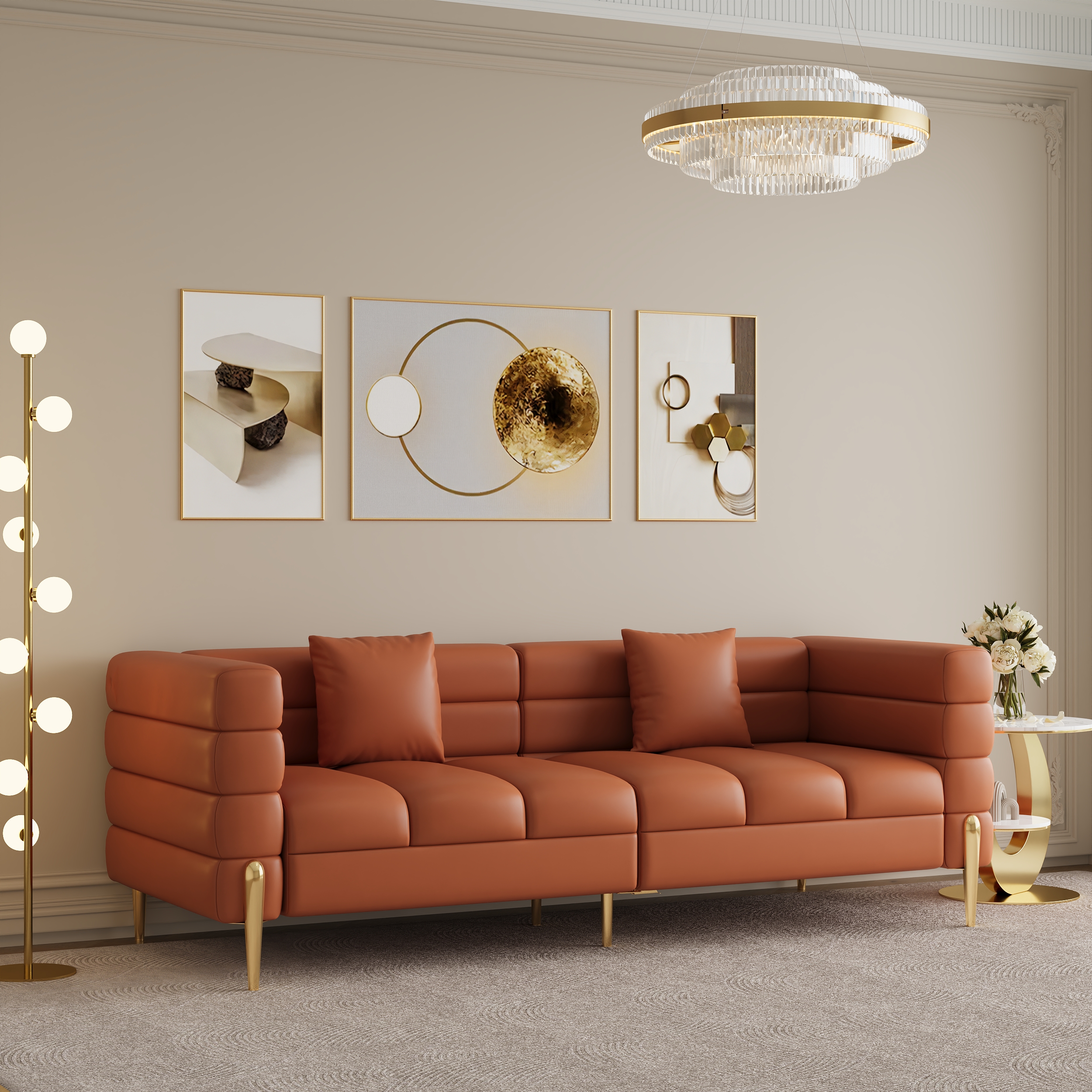 79" Modern White Leather Upholstered Fluted 3 Seater Sofa for Living Room with pillow