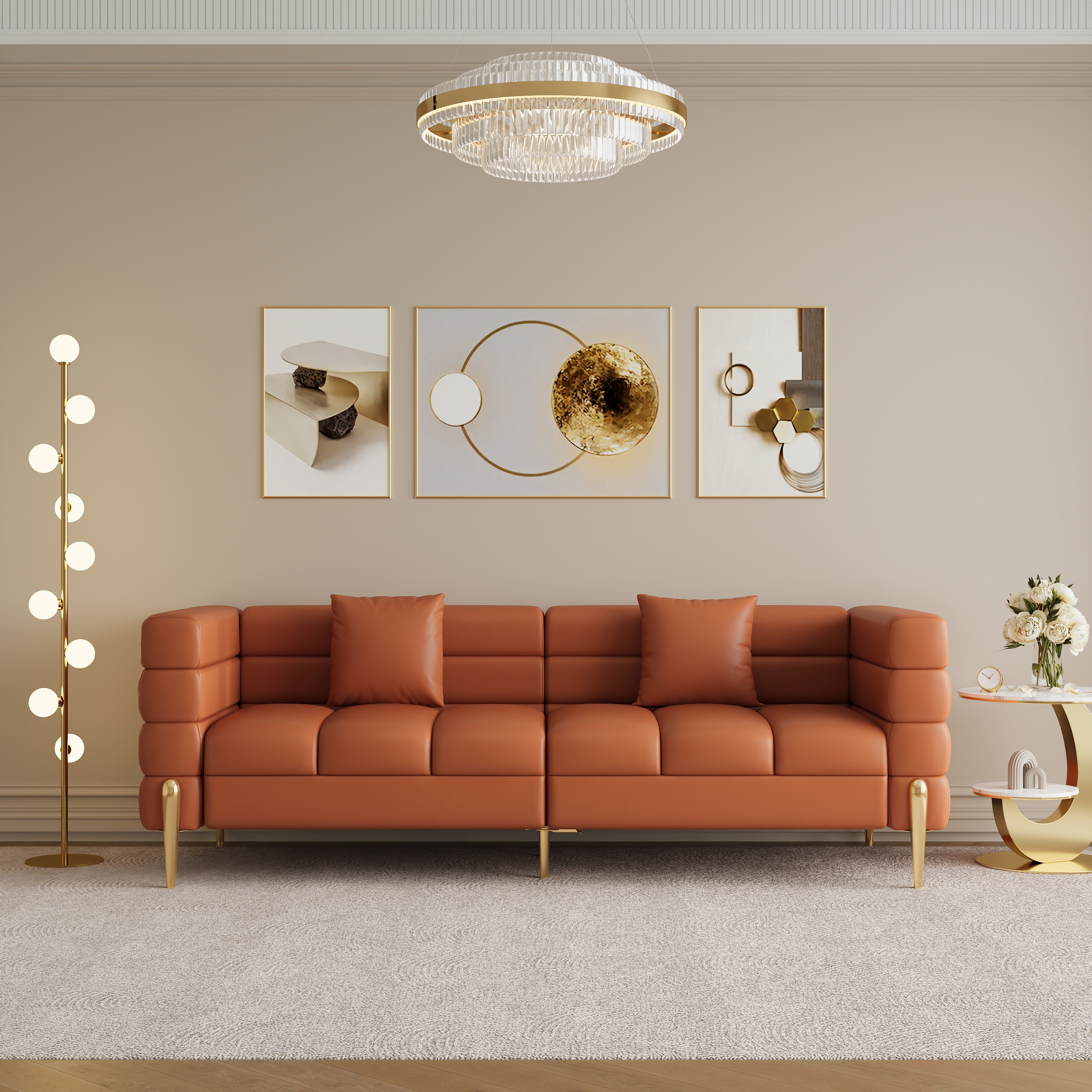 79" Modern White Leather Upholstered Fluted 3 Seater Sofa for Living Room with pillow