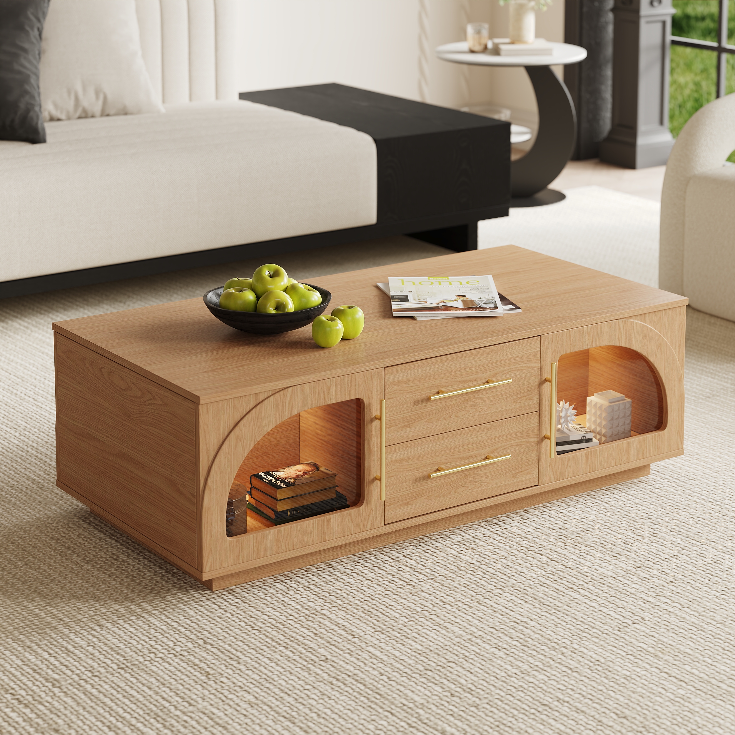 Arune Arched Glass Coffee Table Modern Natural Living Room Furniture with Storage and LED
