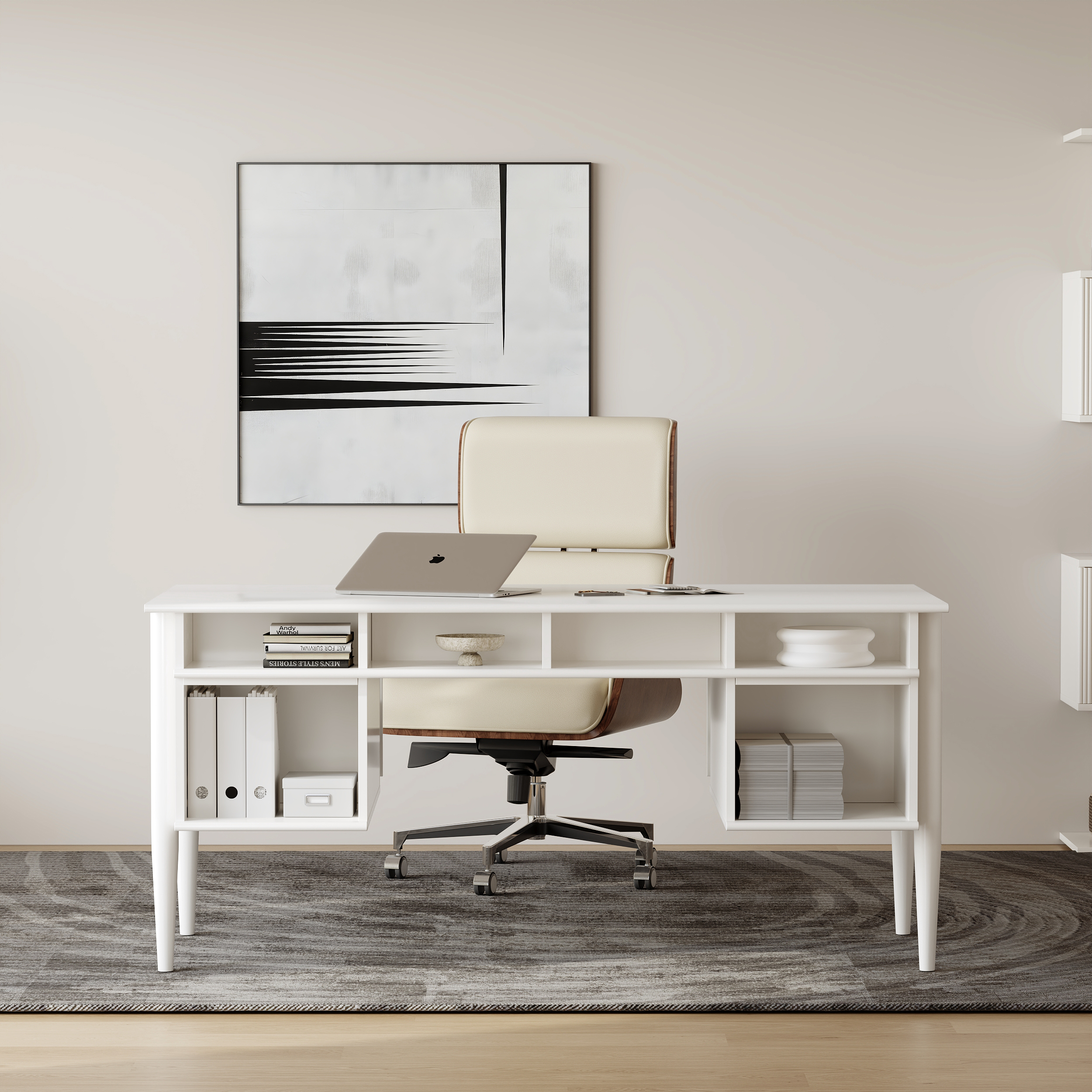 1625mm Modern Style White Home Office Desk with 6 Drawers｜Homary