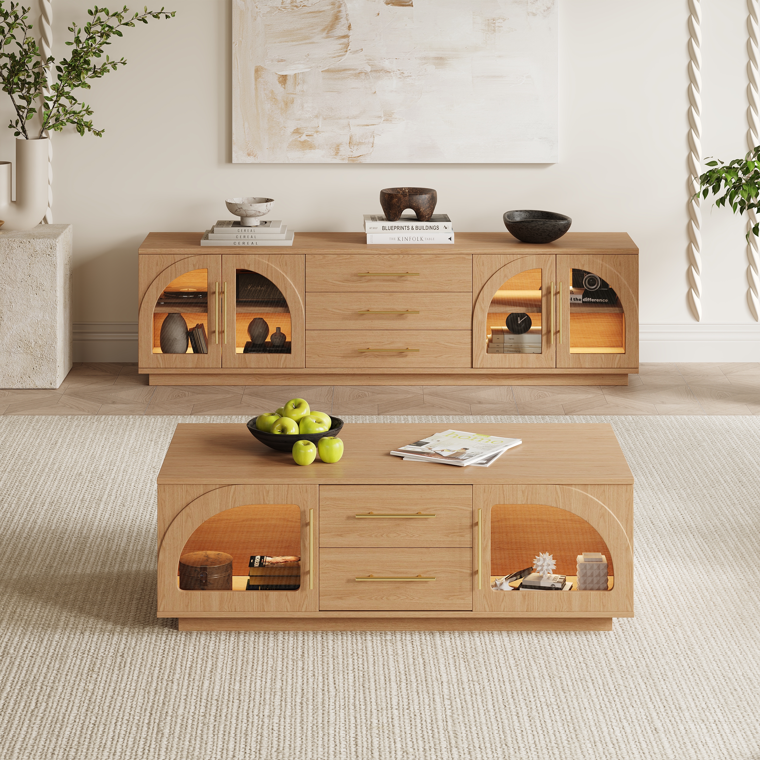 Juego de mesa de café Arune, moderno y natural, de mediados de siglo, con luces LED y puertas de armario de vidrio arqueado