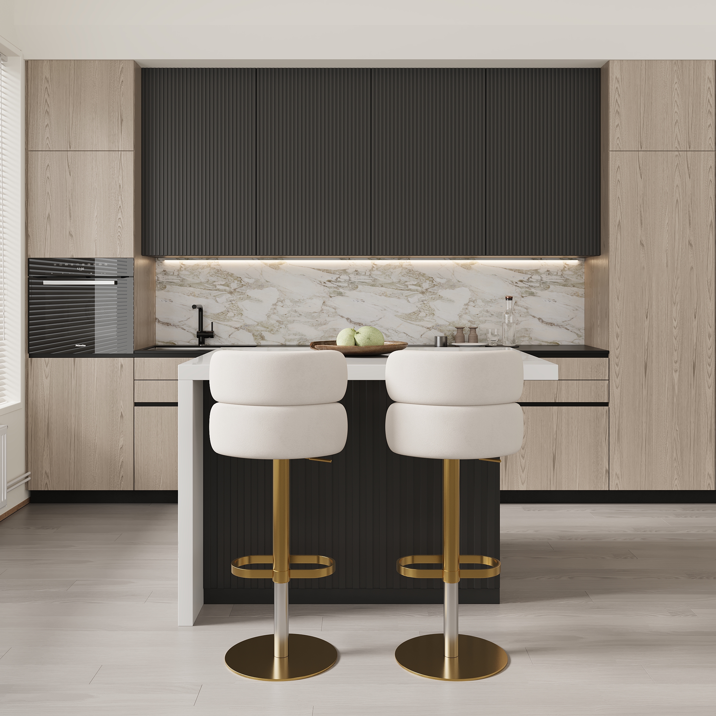 50" Large Kitchen Island Marble Veneered Top with Storage Black Modern Kitchen Cabinet