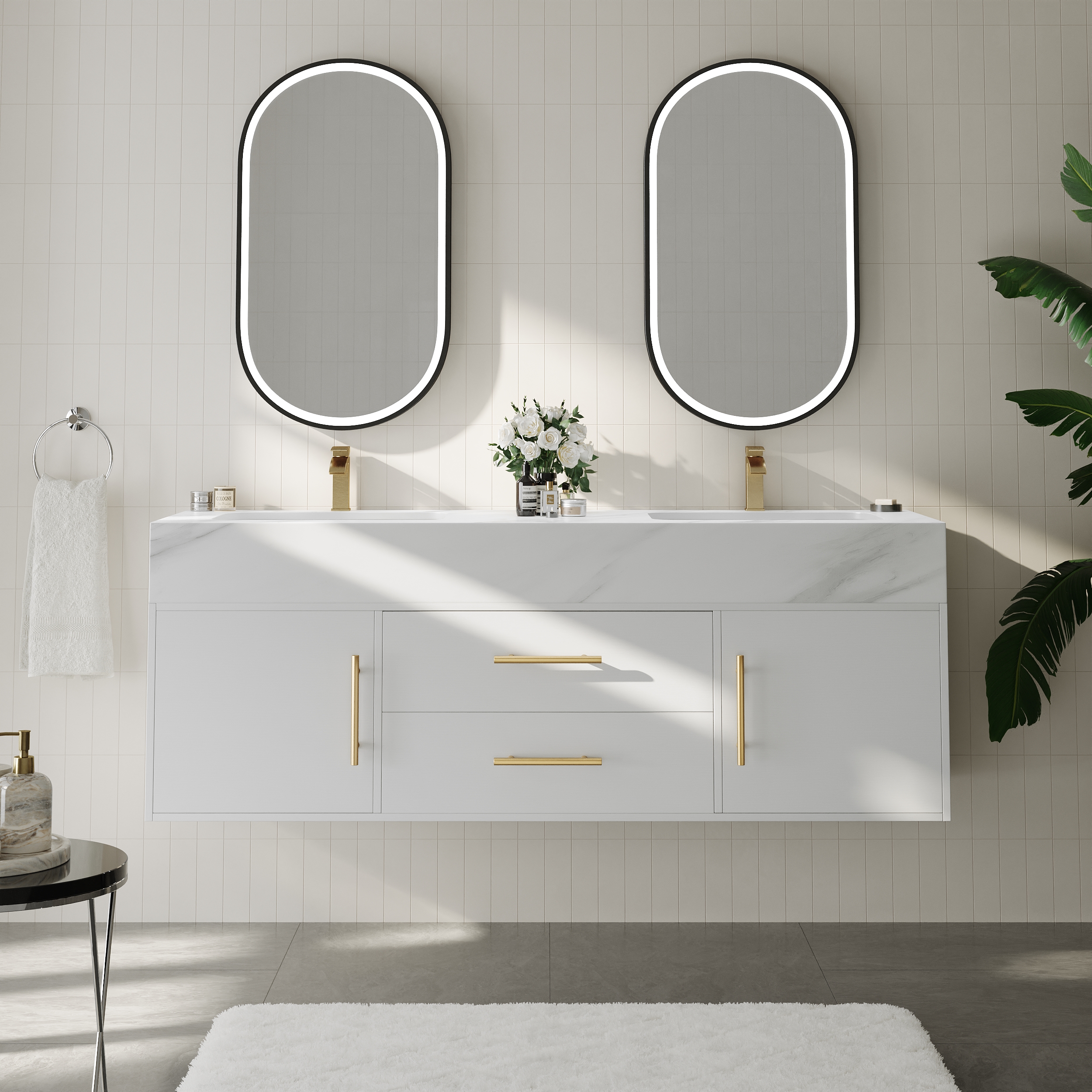 150 cm Double Sink Bathroom Vanity with Gold Handles â White Modern Floating Vanity