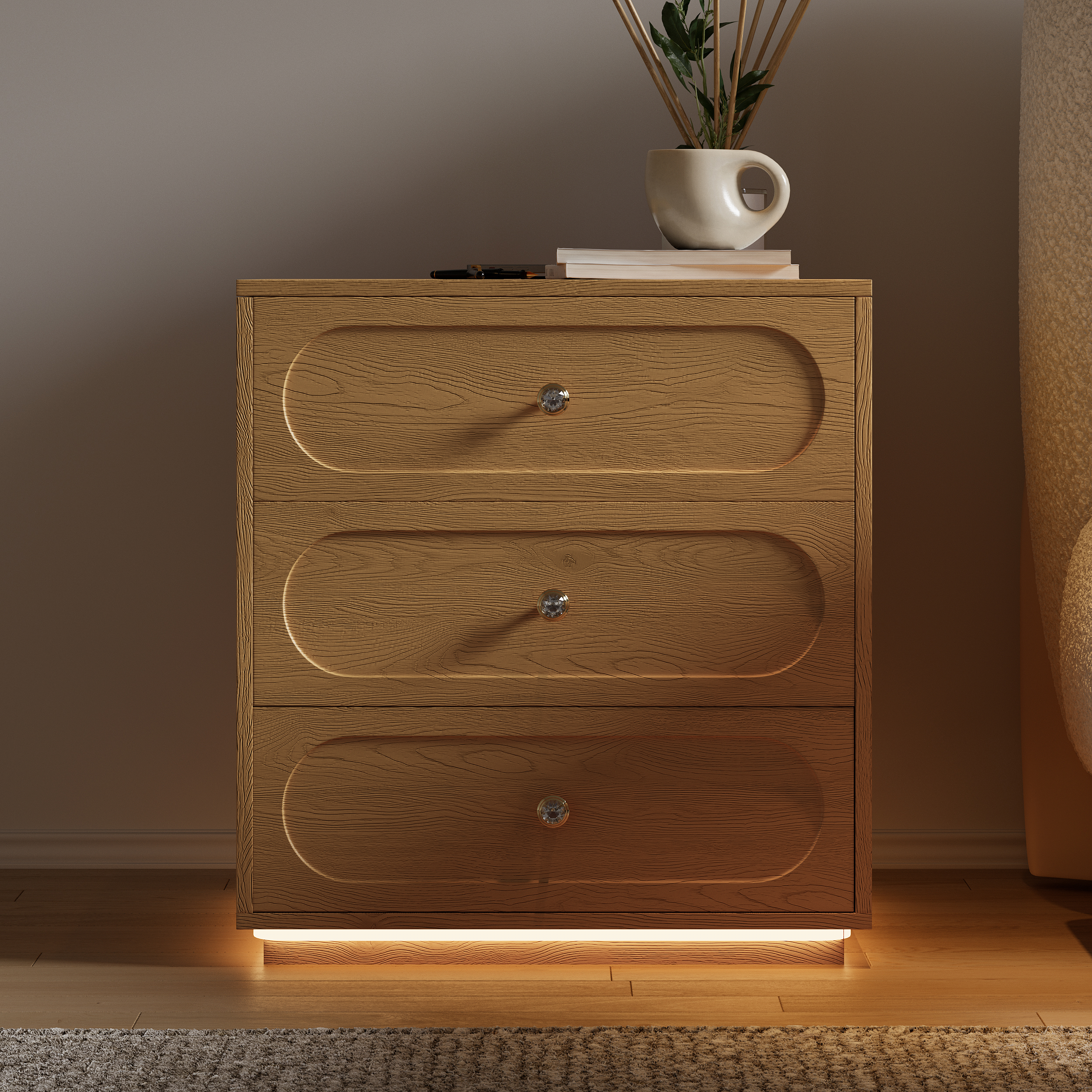 Modern Smart Nightstand with Light 2 Drawer Bedside Table with Charging Station