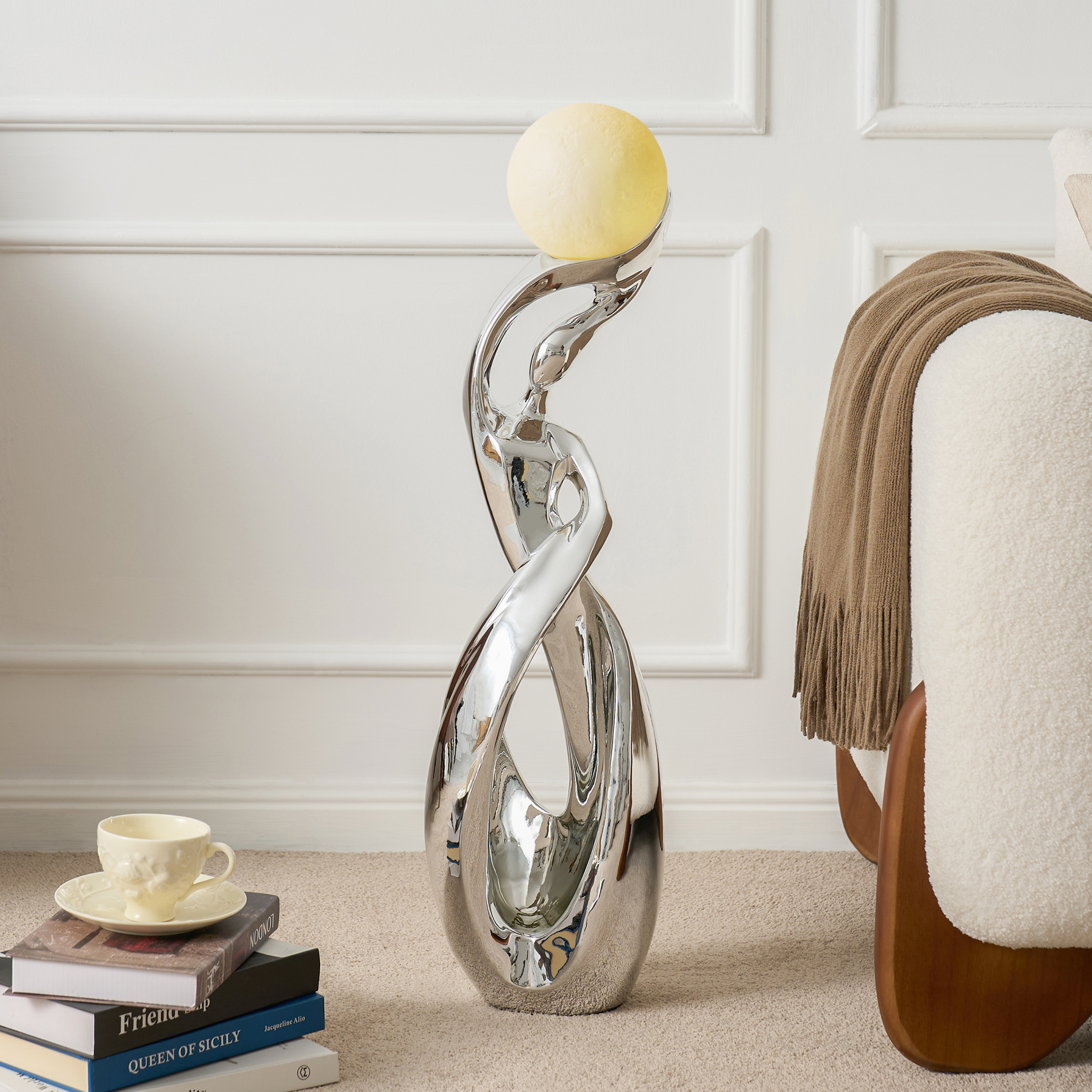 Silver Sculpture with Illuminated Sphere Modern Art Decor for Living Room