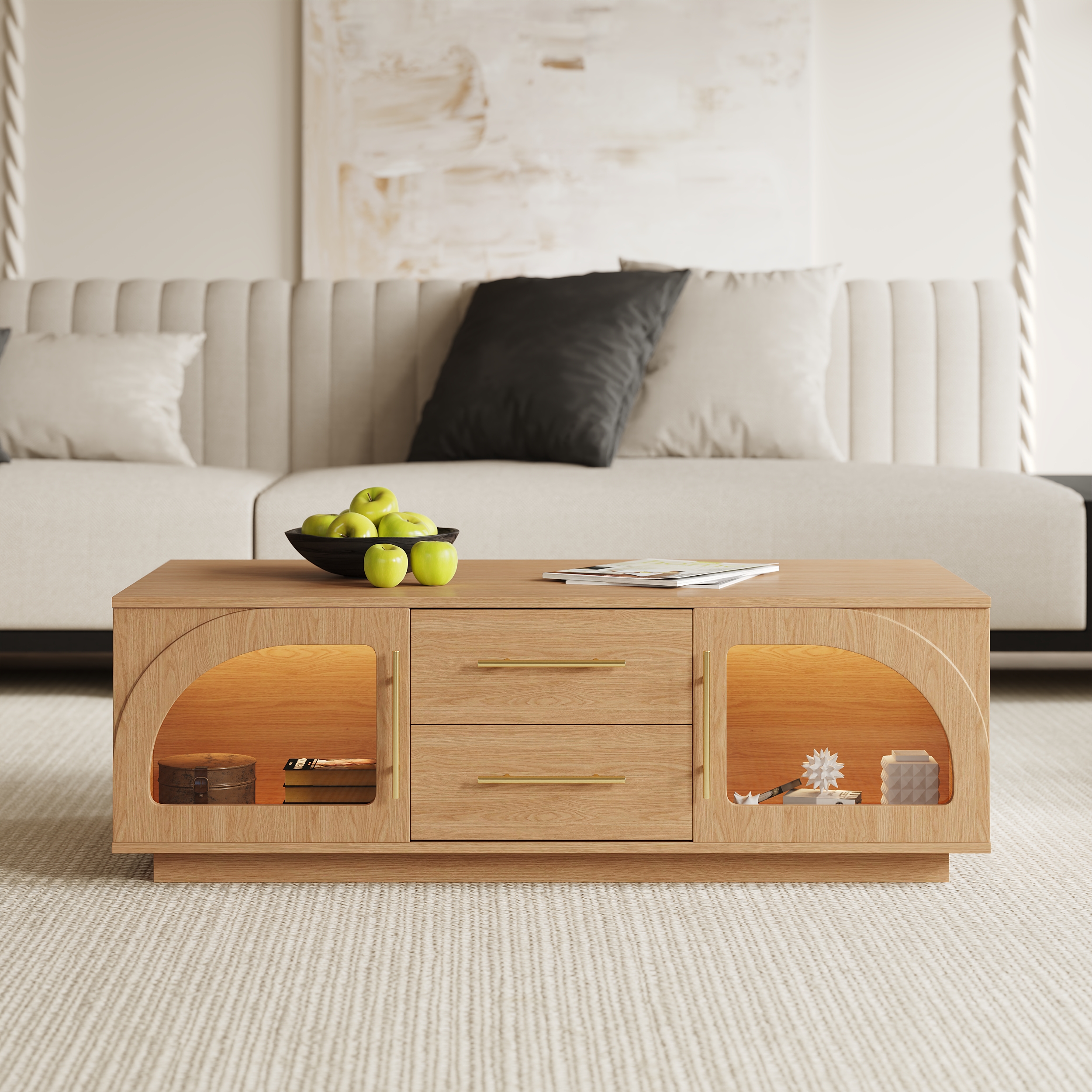 Arune Arched Glass Coffee Table Modern Natural Living Room Furniture with Storage and LED