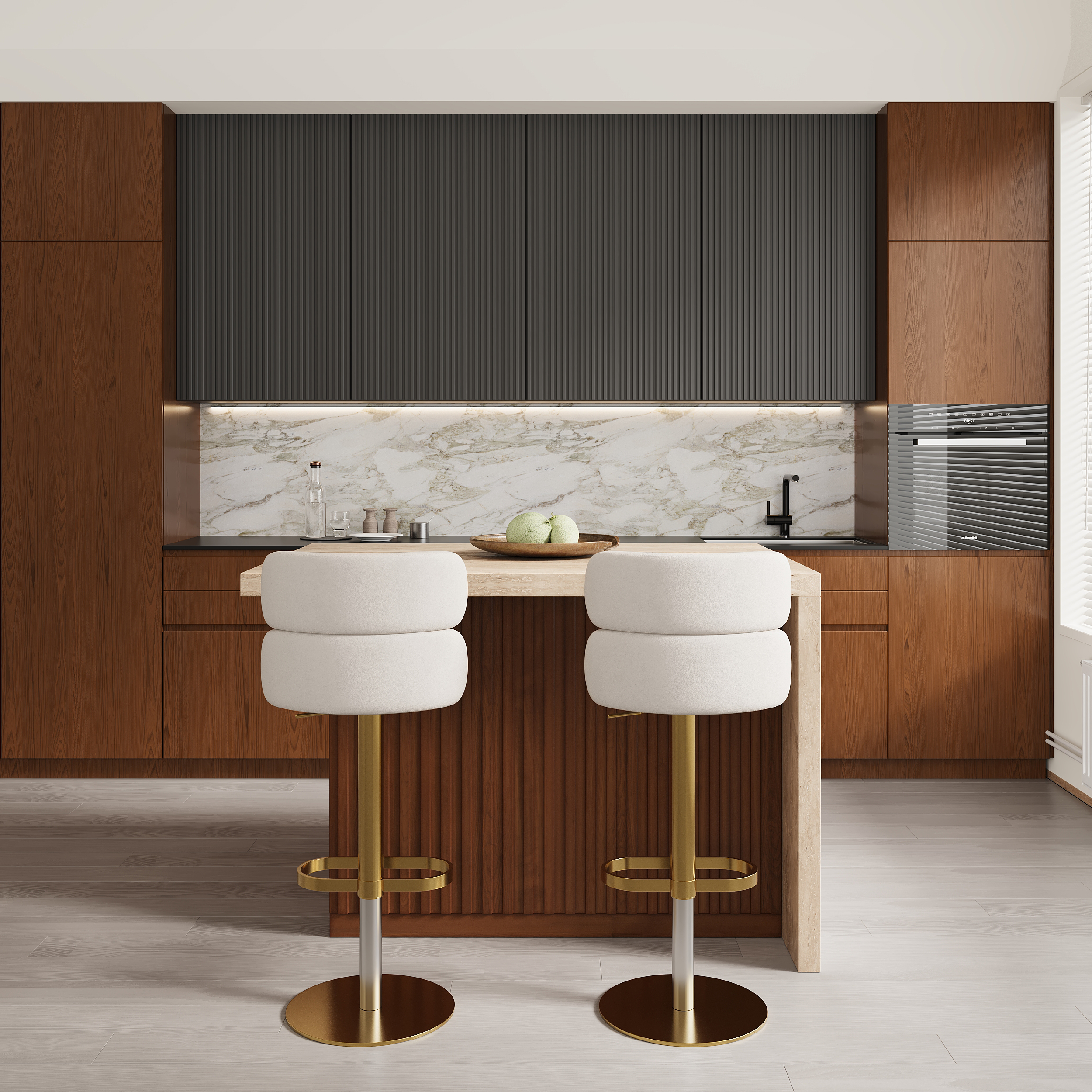 50" Large Kitchen Island Marble Veneered Top with Storage Walnut Kitchen Cabinet