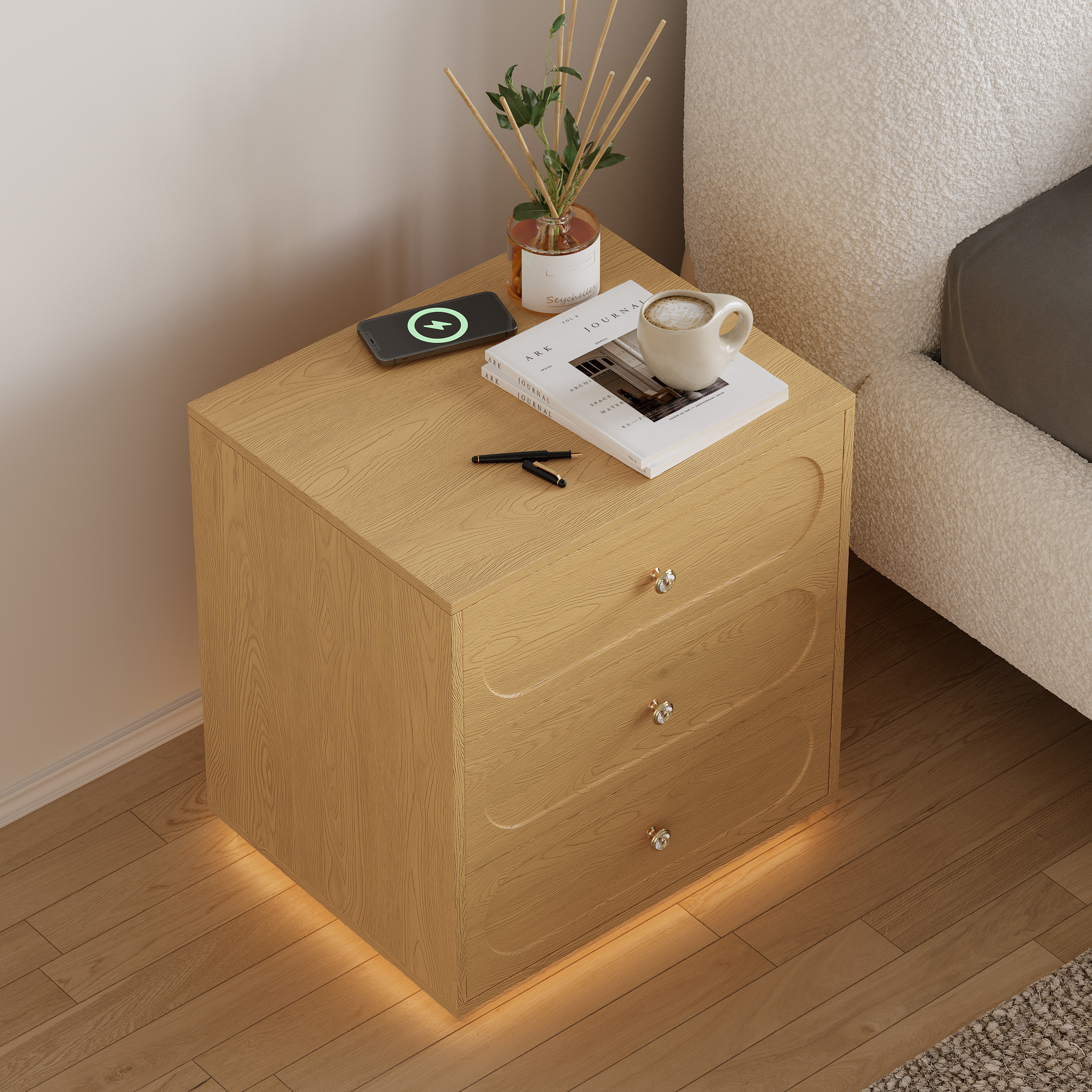 Modern Smart Nightstand with Light 2 Drawer Bedside Table with Charging Station