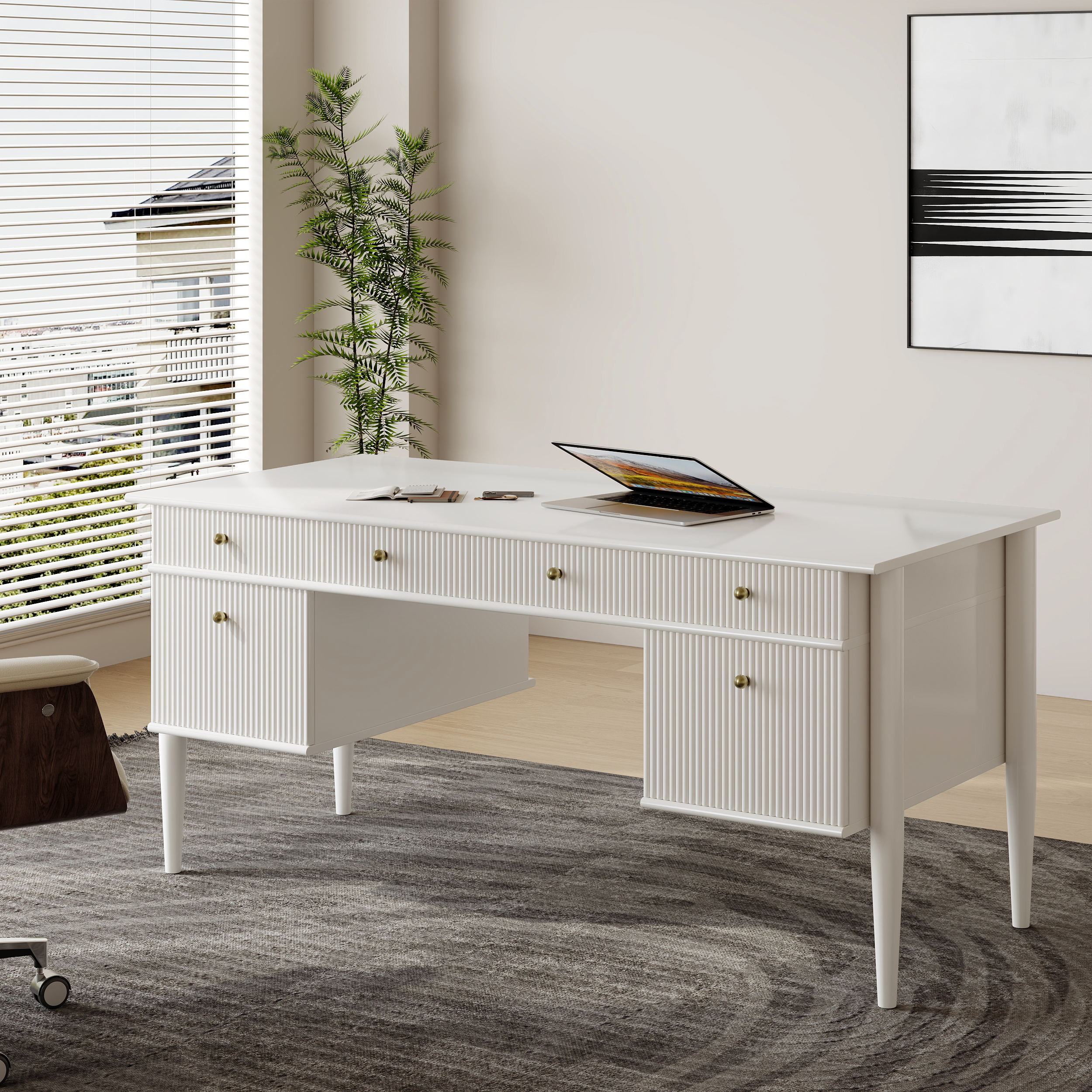Modern Solid Wood Home Office Desk with 6 Drawers White Executive Writing Desk (64")