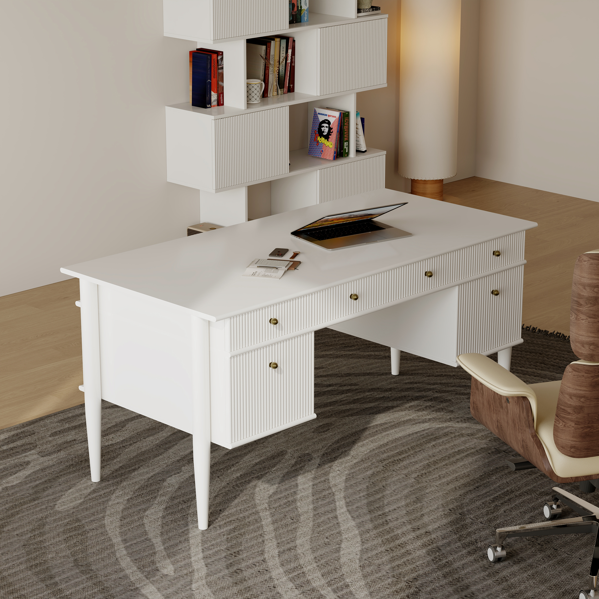 Modern Solid Wood Home Office Desk with 6 Drawers White Executive Writing Desk (64")