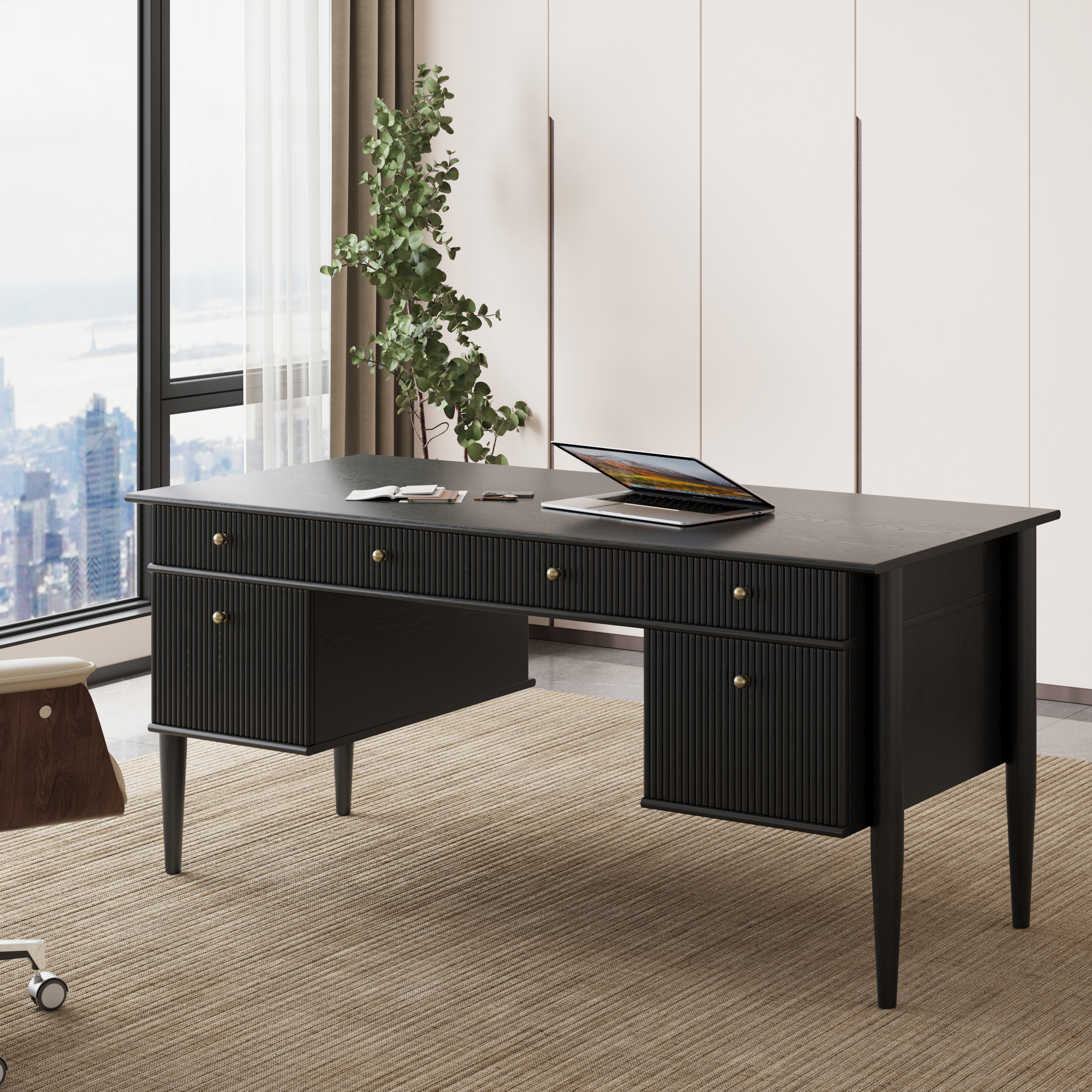 Mid-Century Solid Wood Home Office Desk with 6 Drawers Black Executive Writing Desk (64")