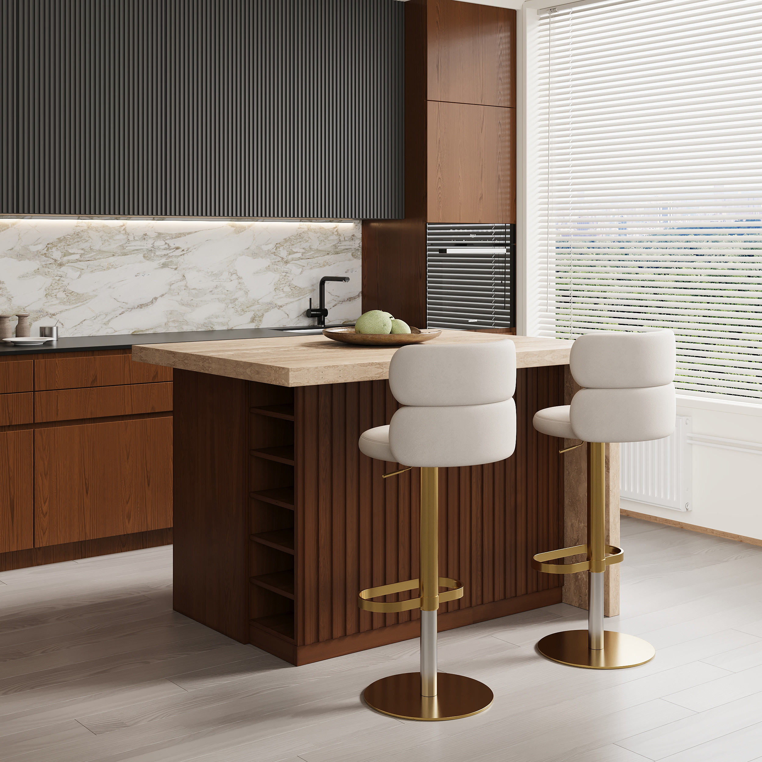 50" Large Kitchen Island Marble Veneered Top with Storage Walnut Kitchen Cabinet