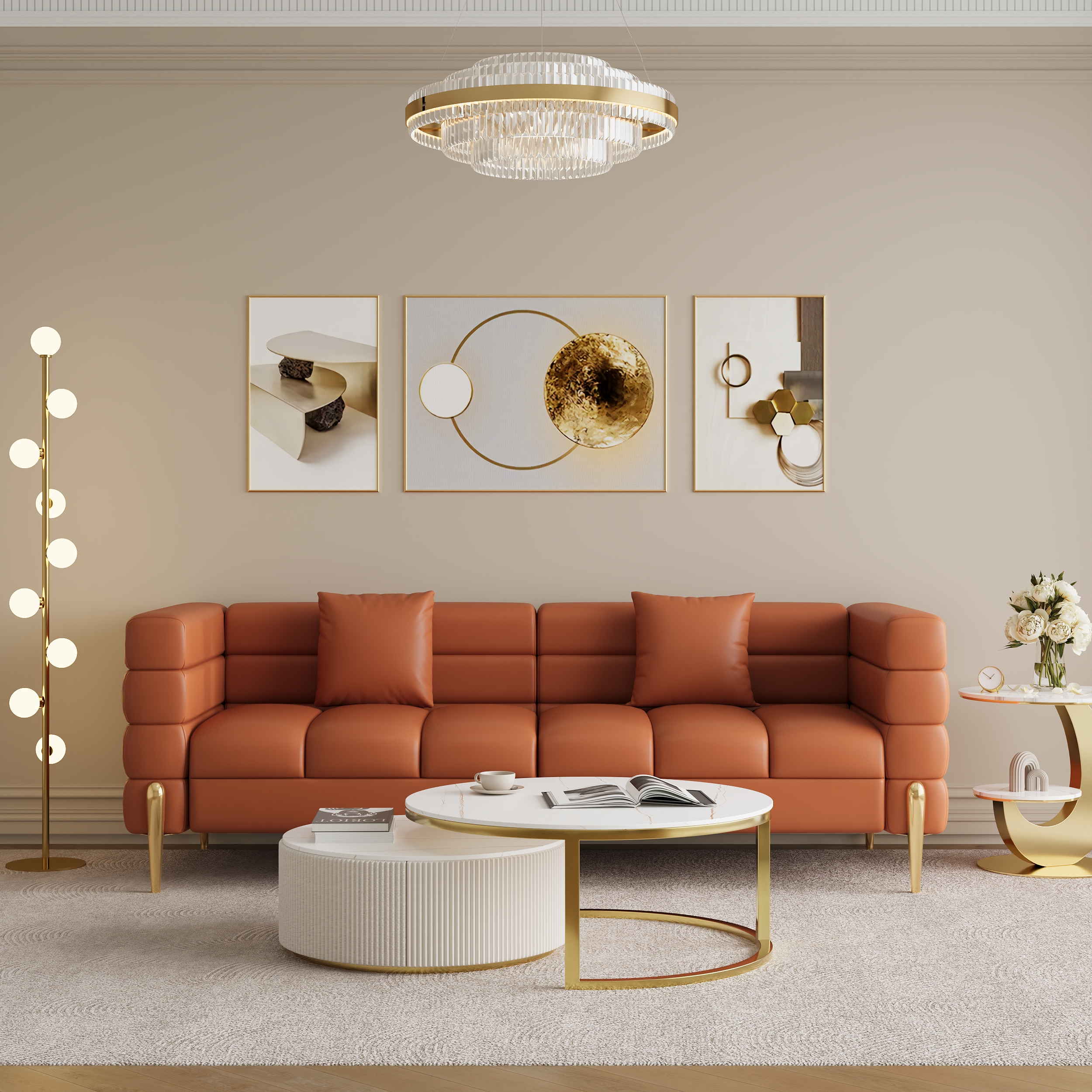 79" Modern White Leather Upholstered Fluted 3 Seater Sofa for Living Room with pillow