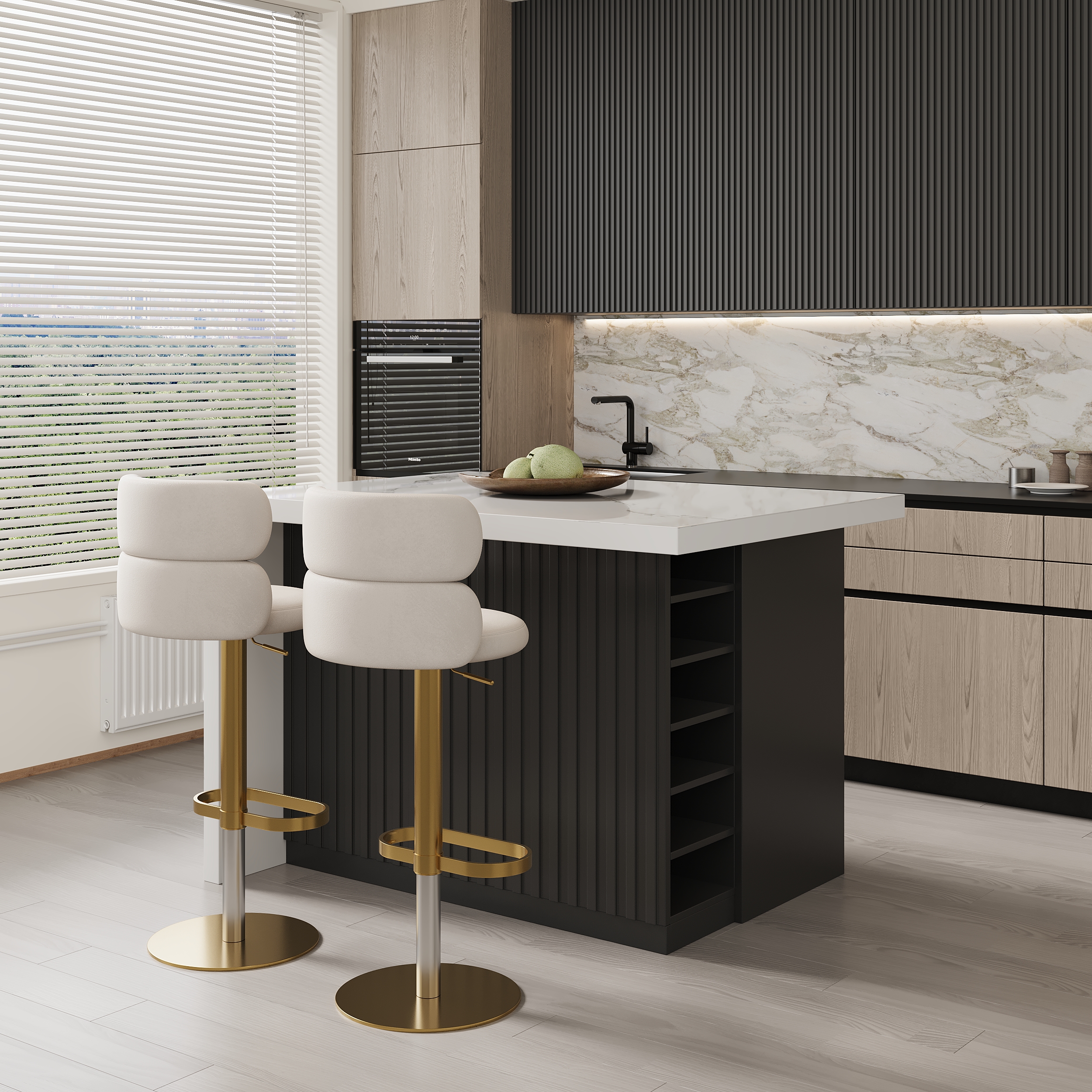50" Large Kitchen Island Marble Veneered Top with Storage Black Modern Kitchen Cabinet