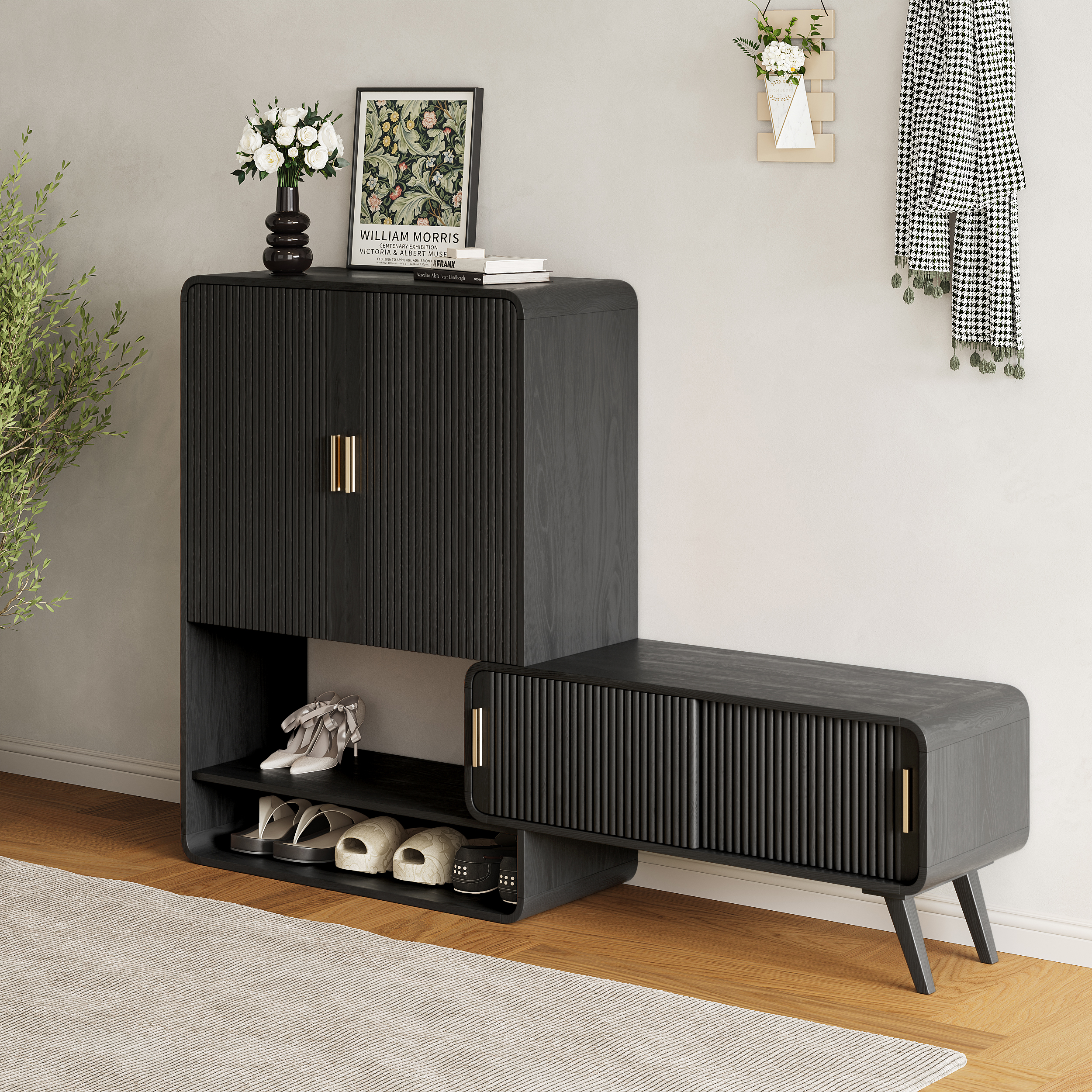 Ash Wood Shoe Rack for Entryway in Black Shoe Storage Cabinet for Closet (37" Wide)