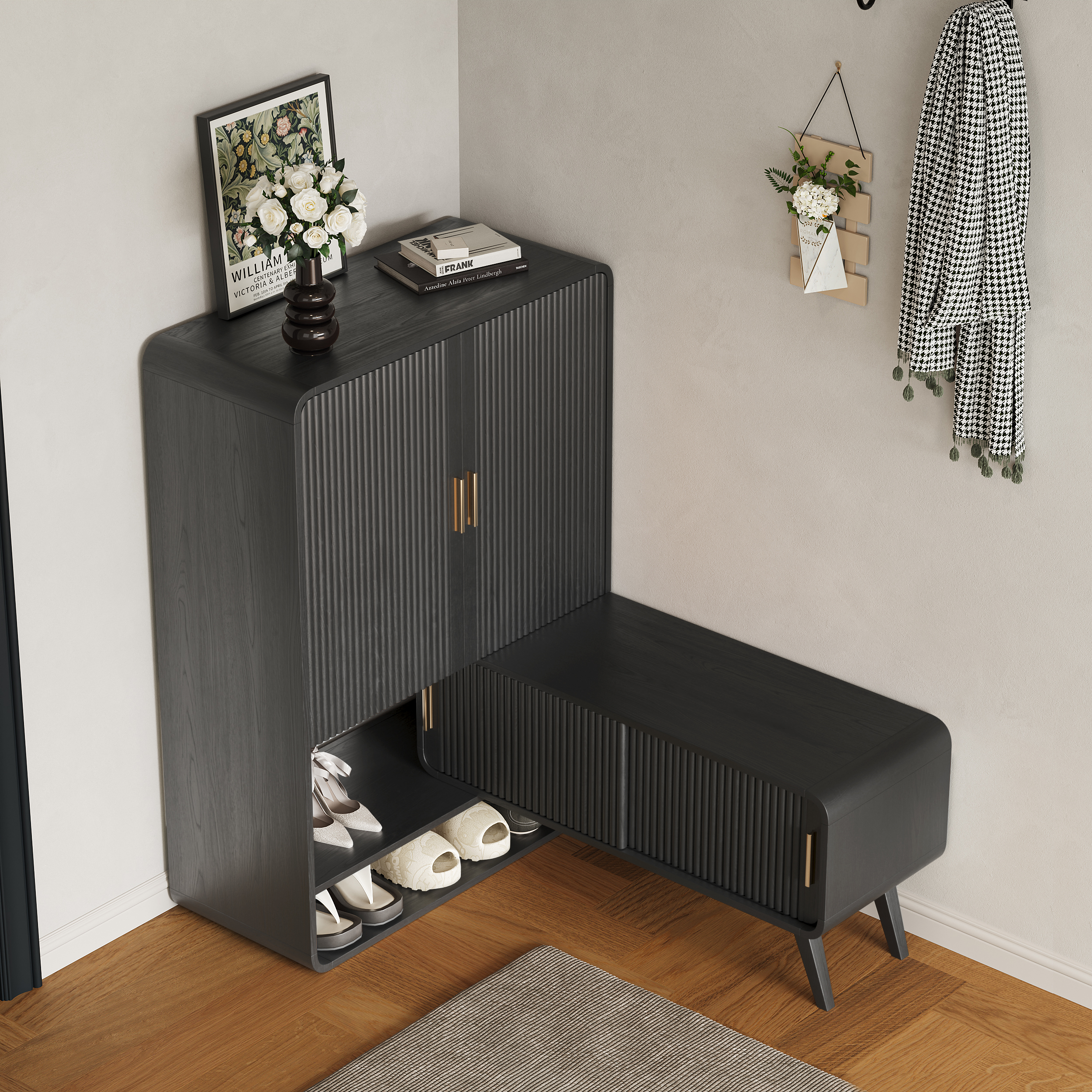 Ash Wood Shoe Rack for Entryway in Black Shoe Storage Cabinet for Closet (37" Wide)